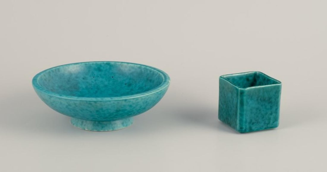 Wilhelm Kage for Gustavsberg. Ceramic bowl and a small square ceramic vase. Mid-20th C. (1 of 8)