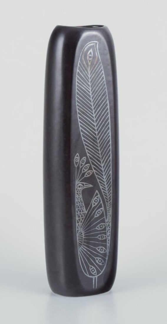 Sven Johnson for Gustavsberg."Facett" ceramic vase. Motif of peacock and flowers. 1970s/80s. - 6