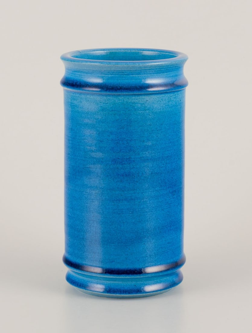 Nils Kahler for Kahle. Cylindrical ceramic vase with azure glaze. 1960s/70s.: Nils Kahler for Kahler. Cylindrical ceramic vase. Azure glaze. 1960s/70s. Perfect condition. Signed. Dimensions: Height 18.0 cm. x Diameter 10.0 cm. Reserve: $252.00 Shipping: Domestic: Shipping