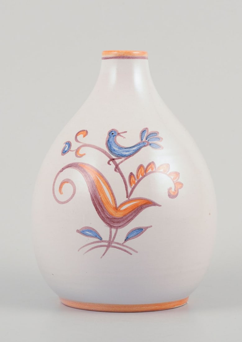 Gertrud Kudielka for Hjort, Bornholm. Ceramic vase with motif of bird on branch. Mid-20th C. - 3