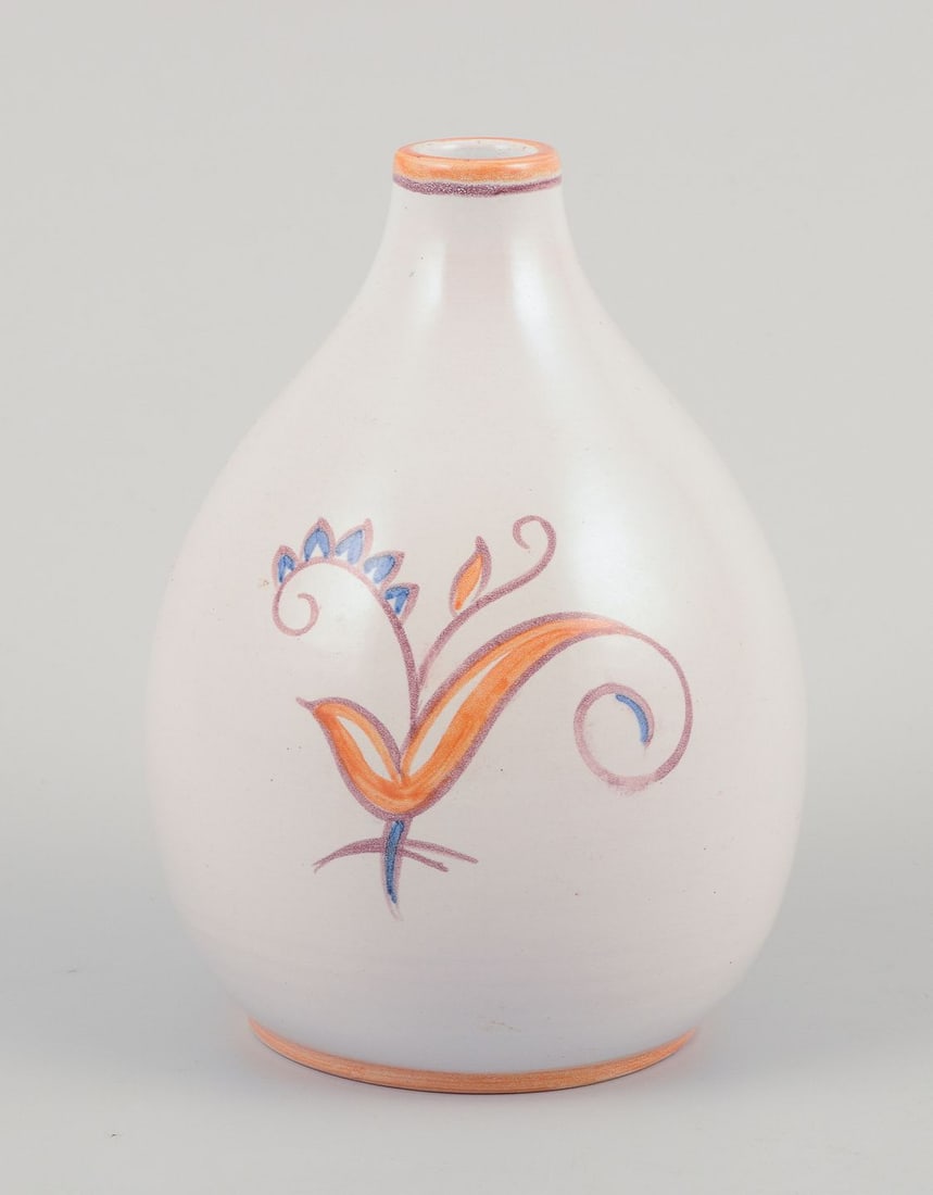 Gertrud Kudielka for Hjort, Bornholm. Ceramic vase with motif of bird on branch. Mid-20th C. - 5