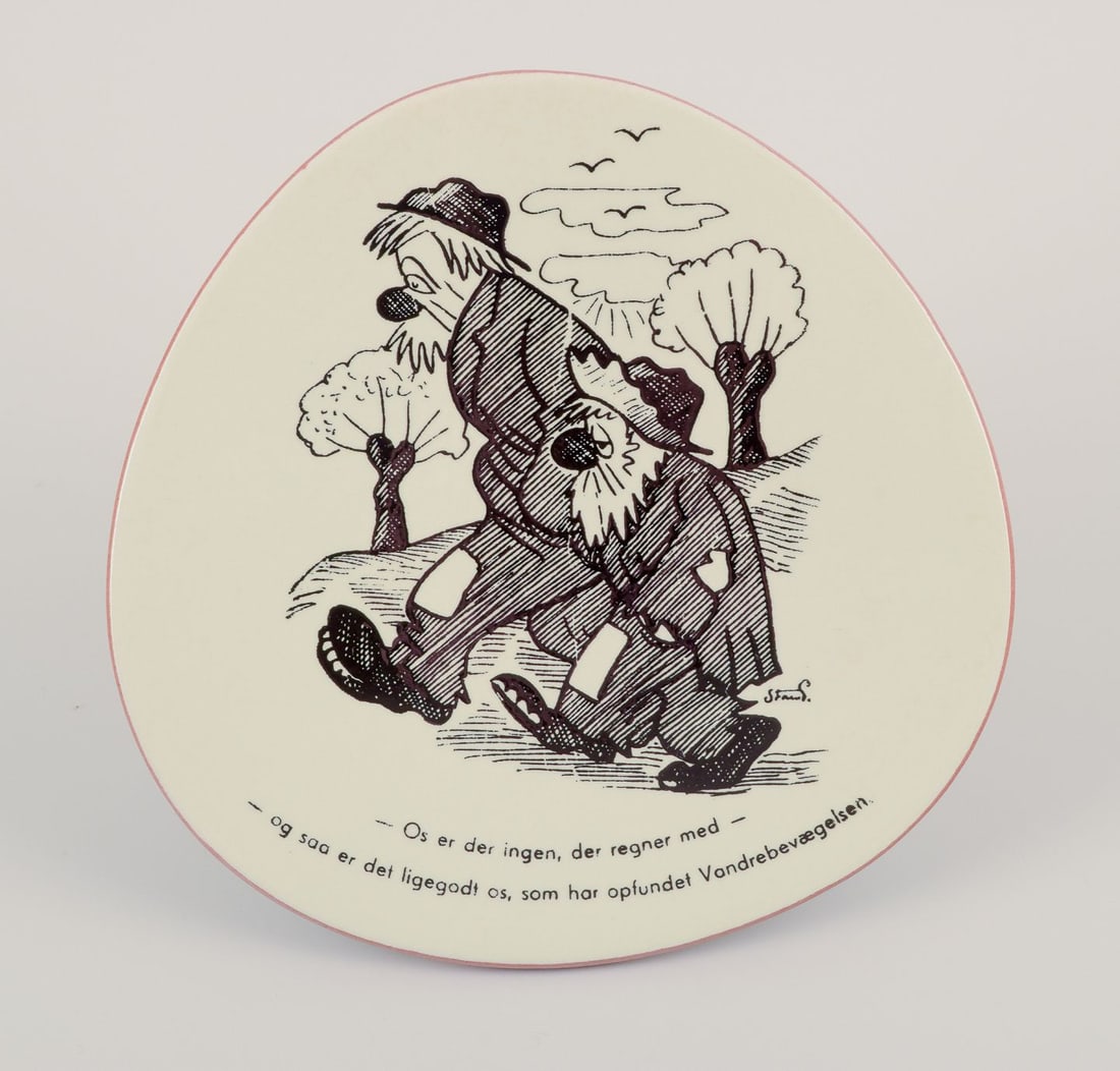 Knabstrup, Denmark. Five plates in stoneware. Decorated with satirical cartoons by Storm Petersen. - 4