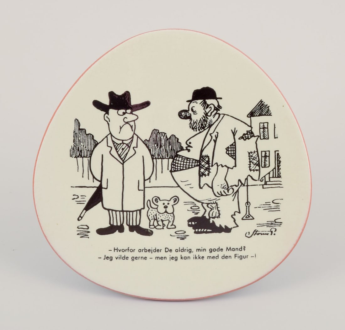 Knabstrup, Denmark. Five plates in stoneware. Decorated with satirical cartoons by Storm Petersen. - 5