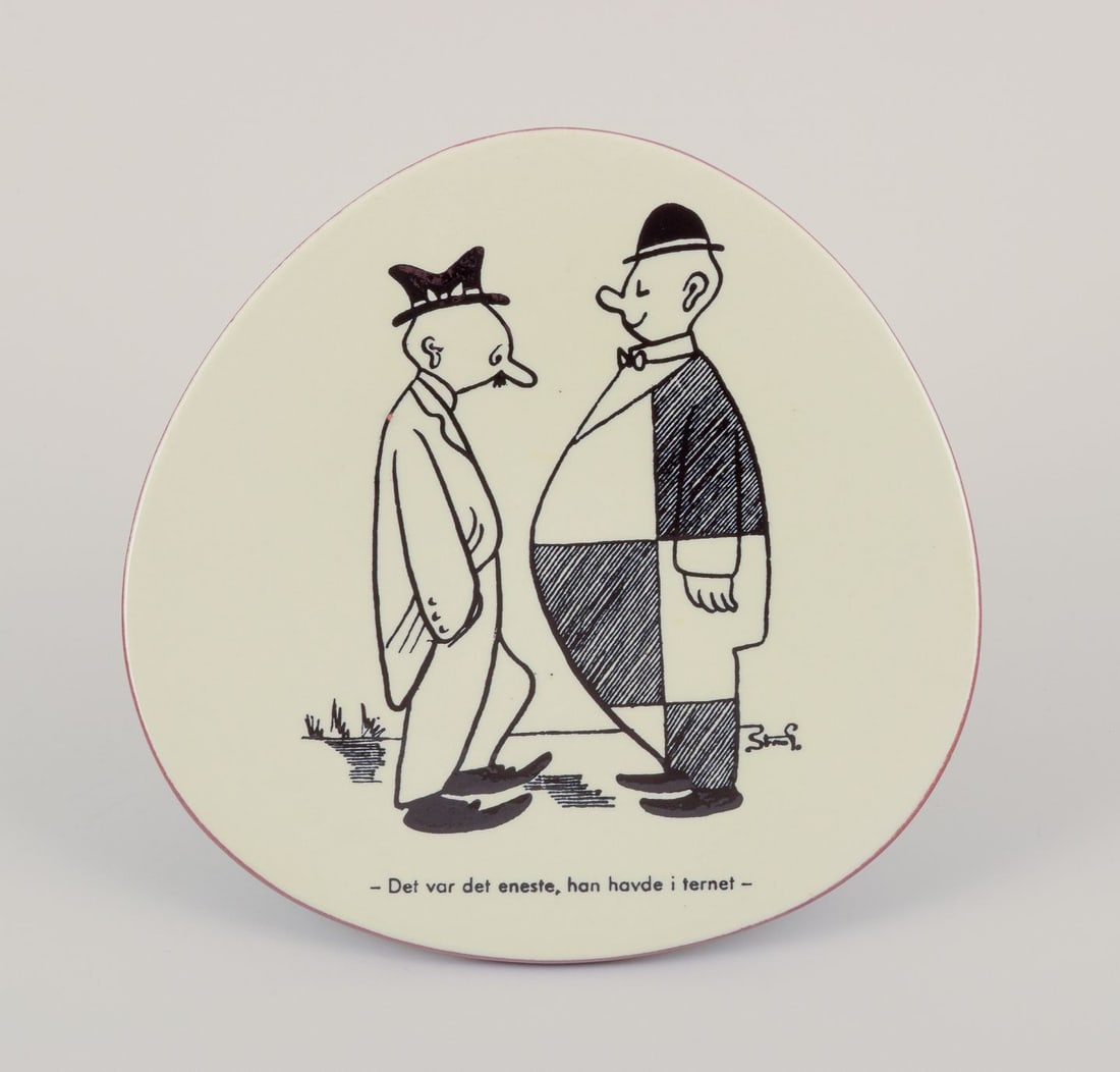 Knabstrup, Denmark. Five plates in stoneware. Decorated with satirical cartoons by Storm Petersen. - 6
