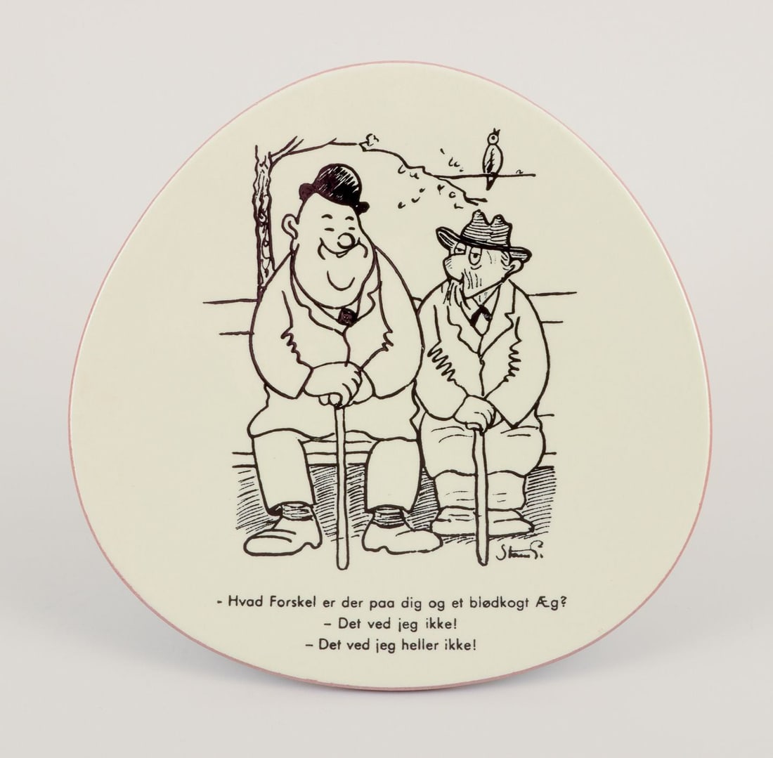 Knabstrup, Denmark. Five plates in stoneware. Decorated with satirical cartoons by Storm Petersen. - 7