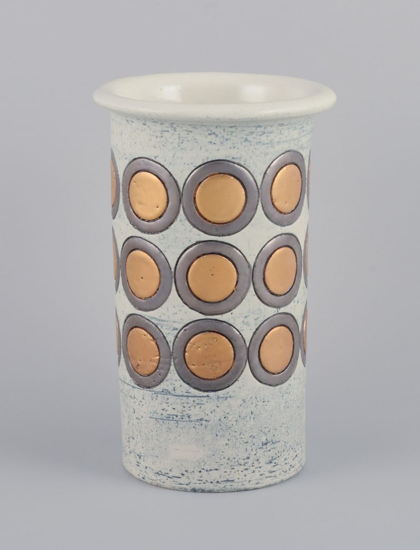 Aldo Londi for Bitossi, Italy. Large "Ikano" ceramic vase with gray glaze and silver-gold circles. (1 of 7)