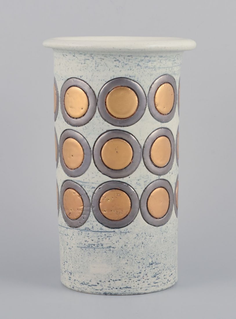 Aldo Londi for Bitossi, Italy. Large "Ikano" ceramic vase with gray glaze and silver-gold circles. - 3