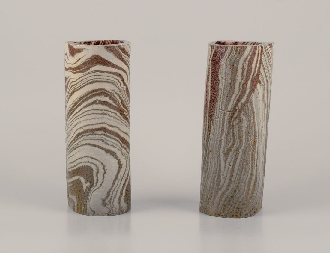 European Studio Ceramicist. A pair of unique ceramic vases. Glazed in blue-green and sand-colored (1 of 7)