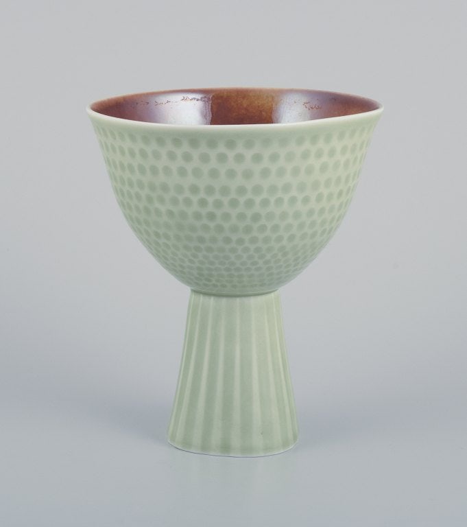 Carl Harry Stalhane for Rorstrand, Sweden. Rare ceramic vase. Mint-green glaze. Designed with dots (1 of 7)