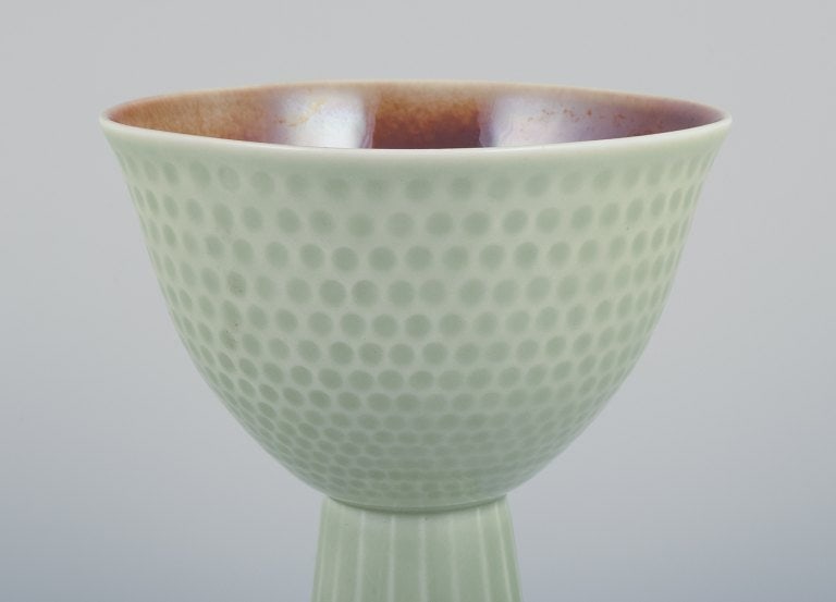 Carl Harry Stalhane for Rorstrand, Sweden. Rare ceramic vase. Mint-green glaze. Designed with dots - 5