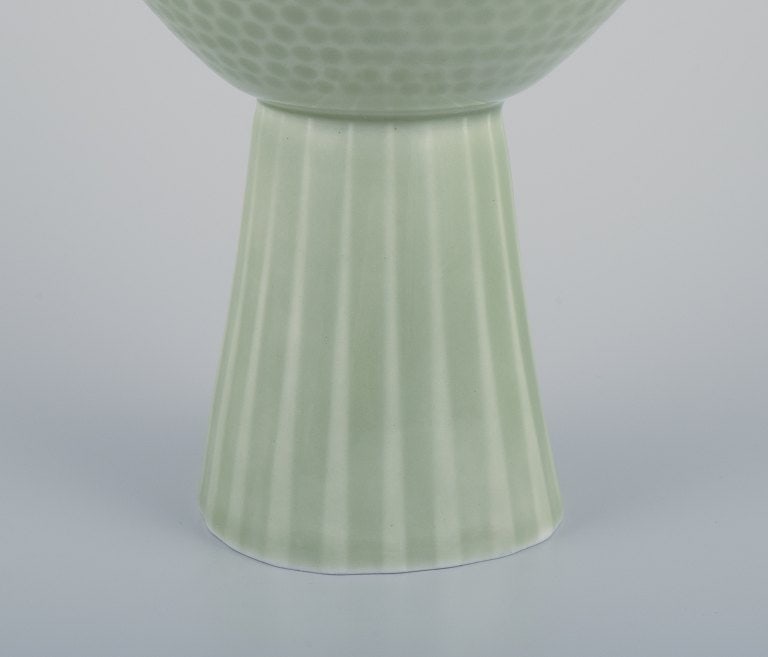Carl Harry Stalhane for Rorstrand, Sweden. Rare ceramic vase. Mint-green glaze. Designed with dots - 6