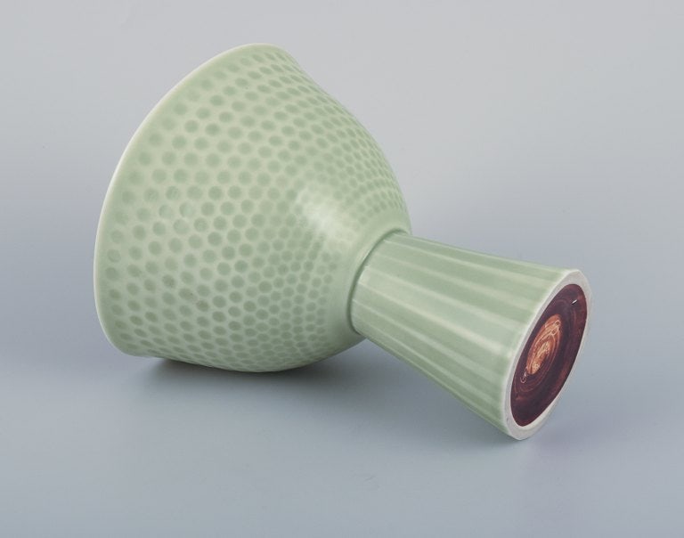 Carl Harry Stalhane for Rorstrand, Sweden. Rare ceramic vase. Mint-green glaze. Designed with dots - 7