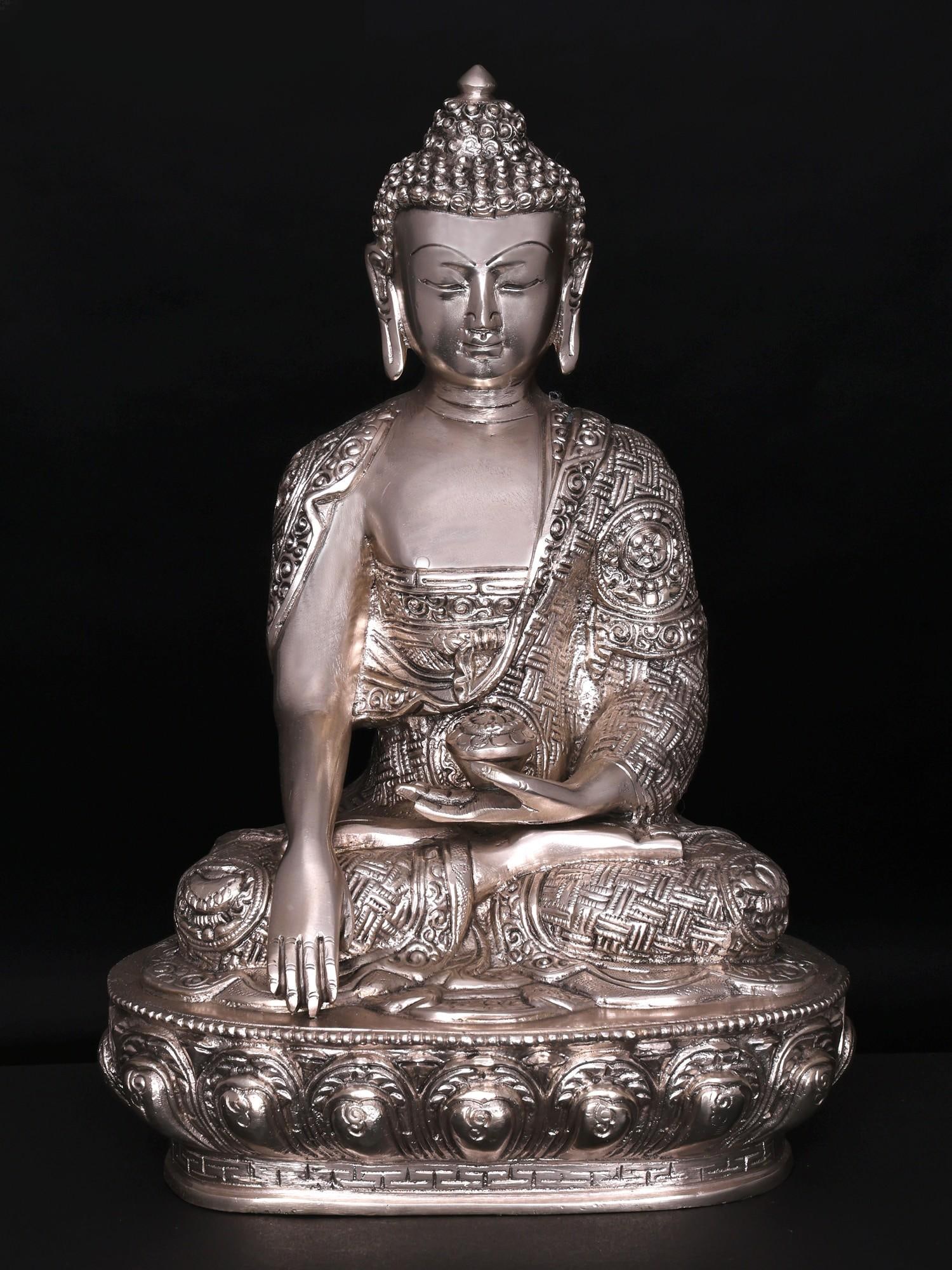 12" Bhumisparsha Buddha | Silver Plated Brass Statue: Title: 12" Bhumisparsha Buddha | Silver Plated Brass Statue Additional Information: itemcode: DDO152 Reserve: $254.00 Shipping: Domestic: Shipping rates are determined by destination International: Fo