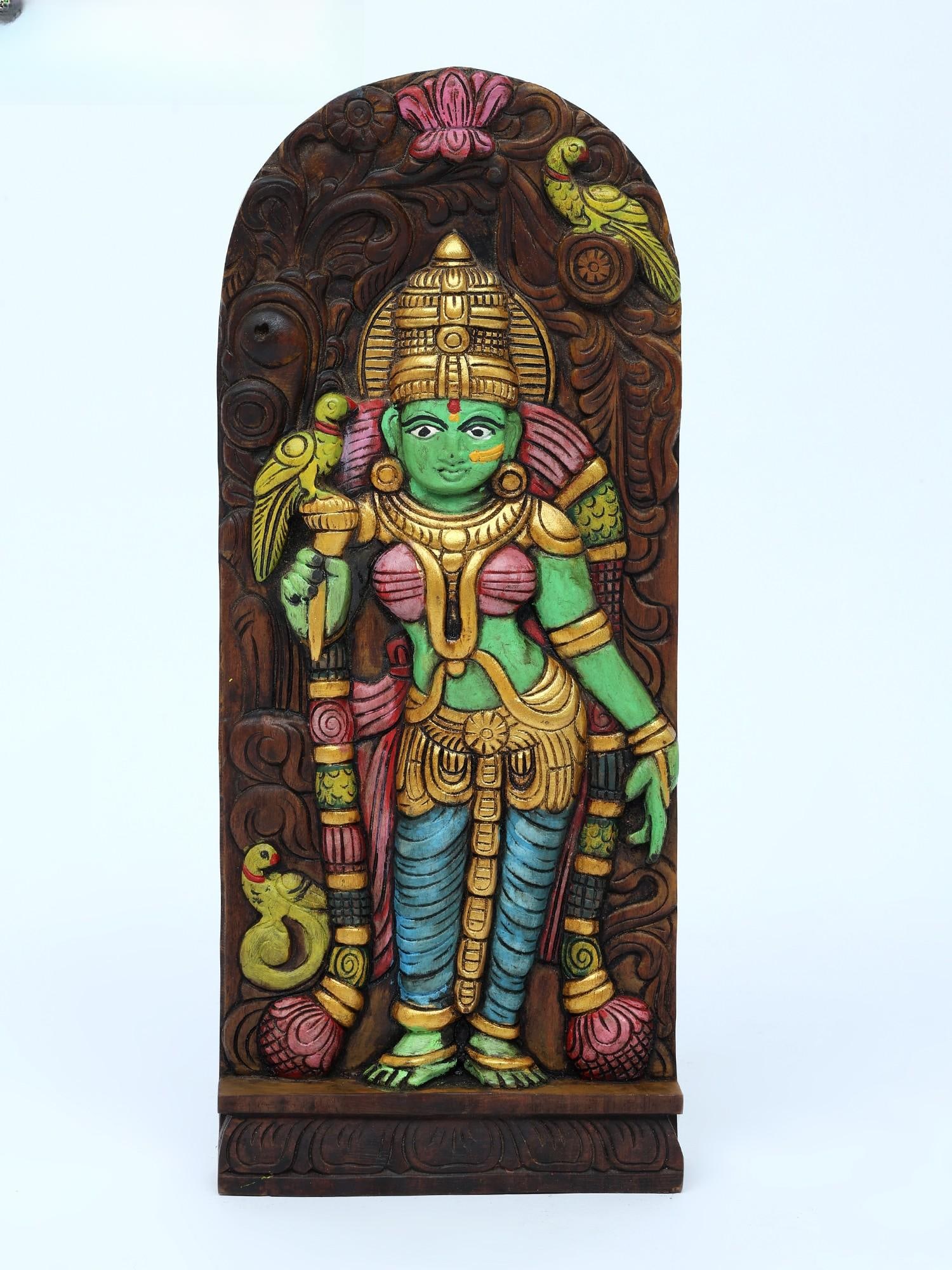 18" Colorful Goddess Meenakshi Wall Panel | Wood Carving (1 of 2)