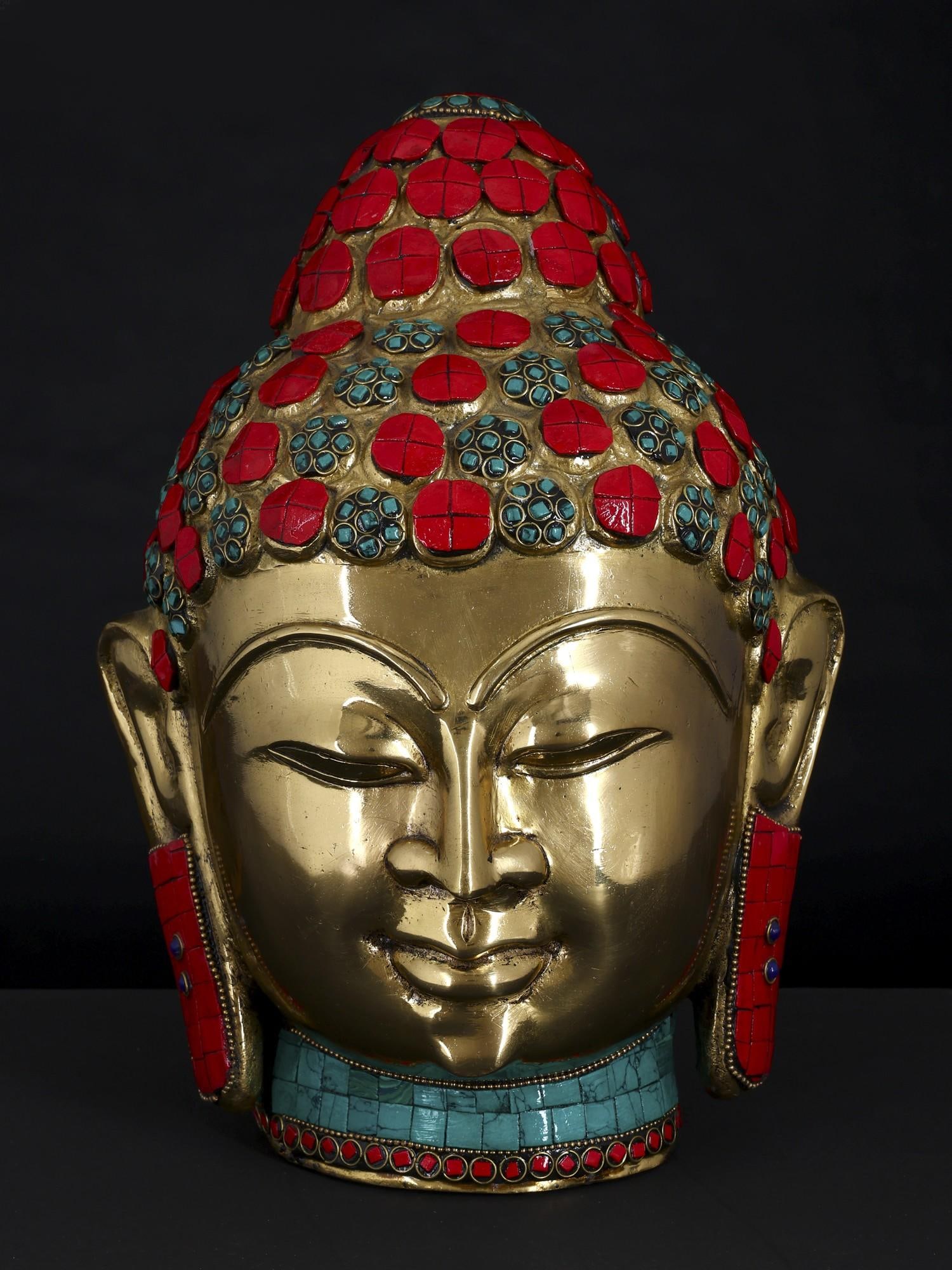 11" Lord Buddha Head | Brass Statue with Inlay Work: Title: 11" Lord Buddha Head | Brass Statue with Inlay Work Additional Information: itemcode: DDN751 Reserve: $367.00 Shipping: Domestic: Shipping rates are determined by destination International: