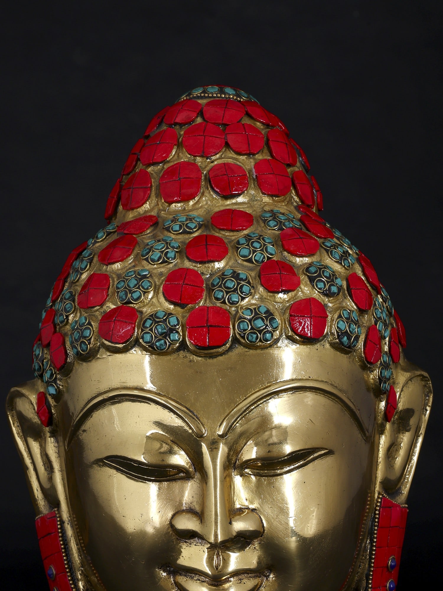 11" Lord Buddha Head | Brass Statue with Inlay Work - 2
