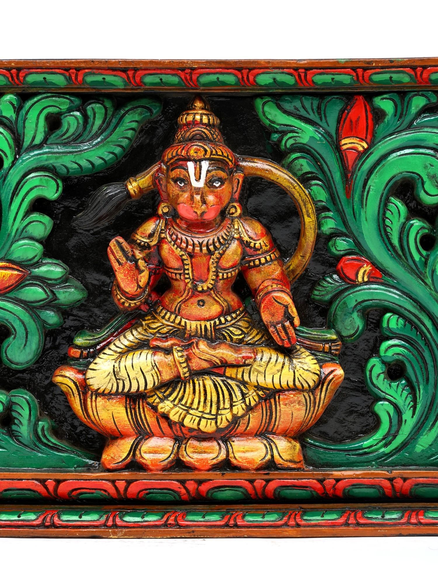 48" Large Lord Hanuman Colorful Panel | Wood Carving | Wall Hanging - 2