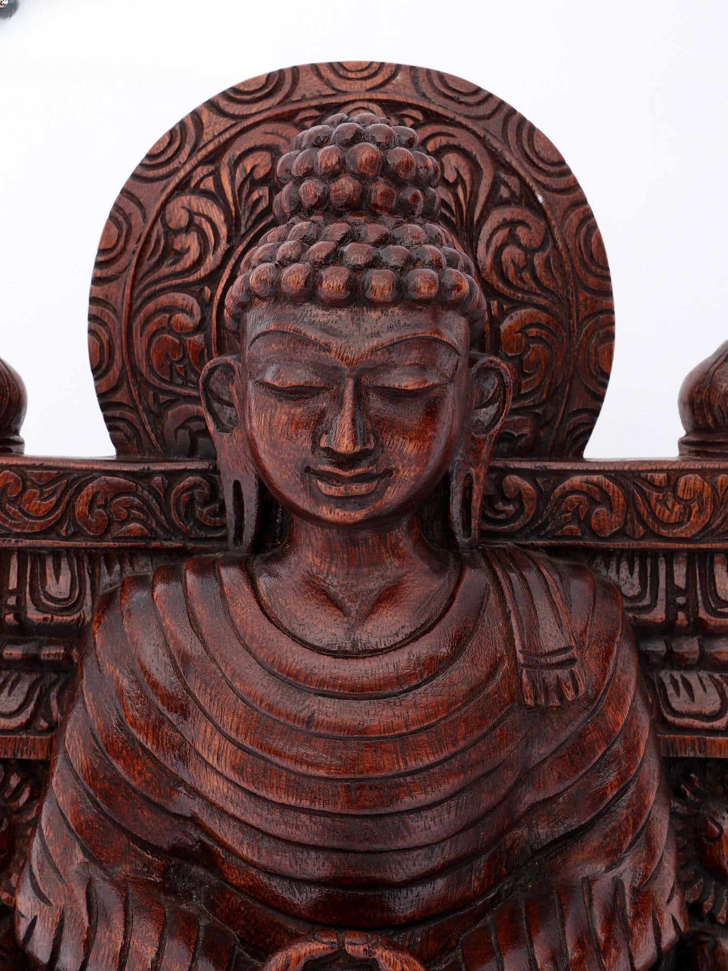 24" Meditating Lord Buddha Seated on Throne | Wood Carving - 2