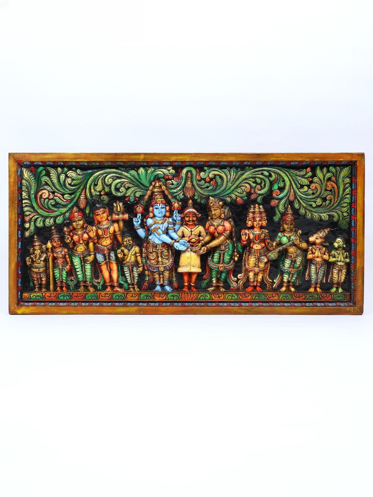 50" Large Srinivasa Kalyanam | Wood Carved Colorful Panel | Wall Hanging: Title: 50" Large Srinivasa Kalyanam | Wood Carved Colorful Panel | Wall Hanging Additional Information: itemcode: DDO098 Reserve: $1,030.00 Shipping: Domestic: Shipping rates are determined by destina