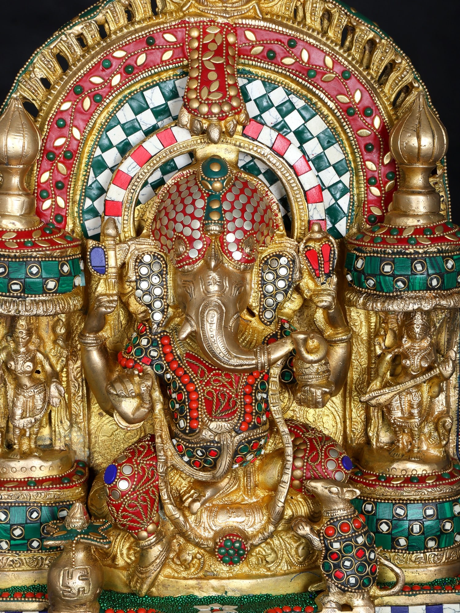 18" Temple Ganesha | Brass Statue with Inlay Work - 2