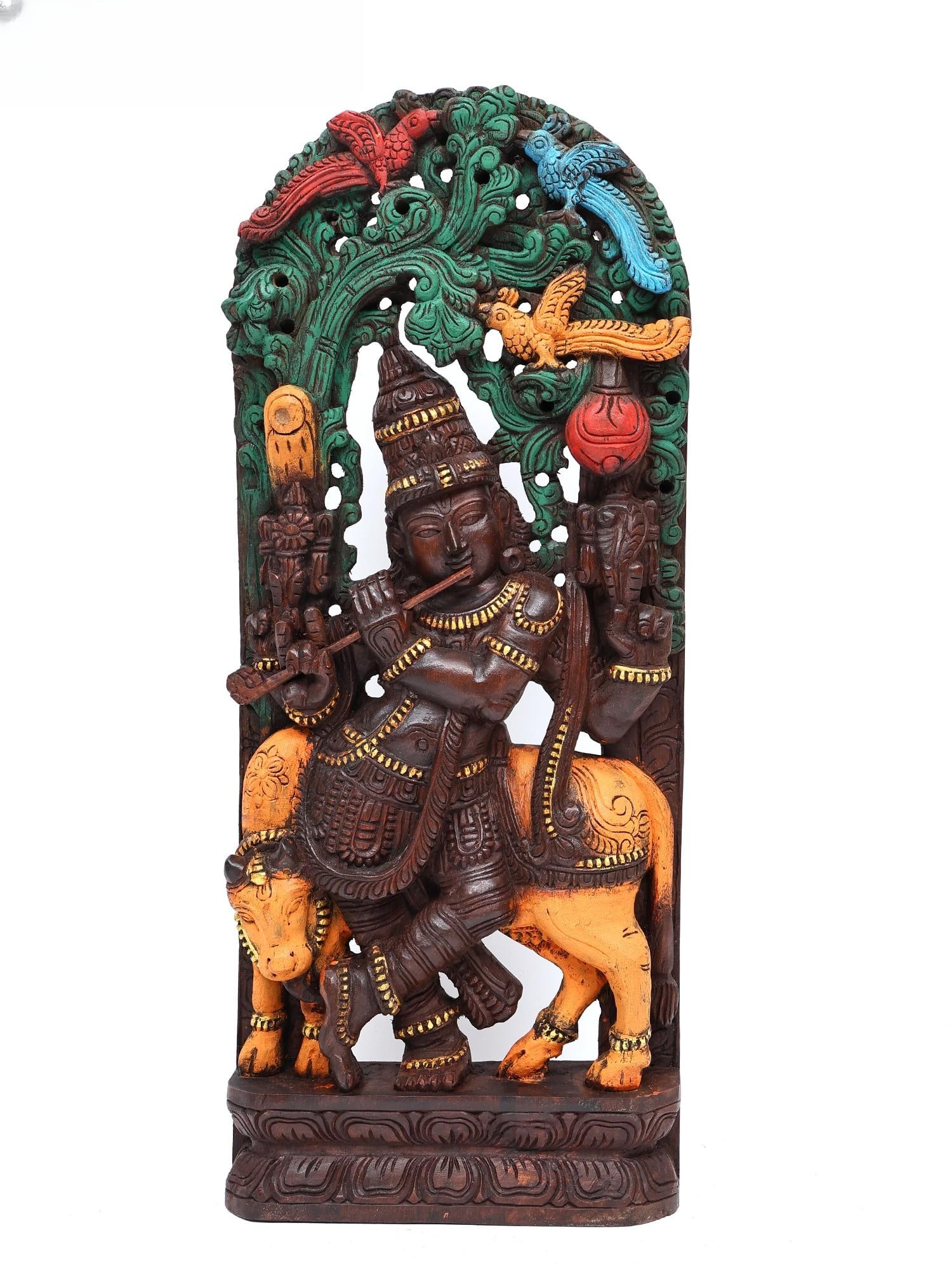 36" Large Venugopal Krishna | Wood Carved Statue Plus Wall Hanging (1 of 2)