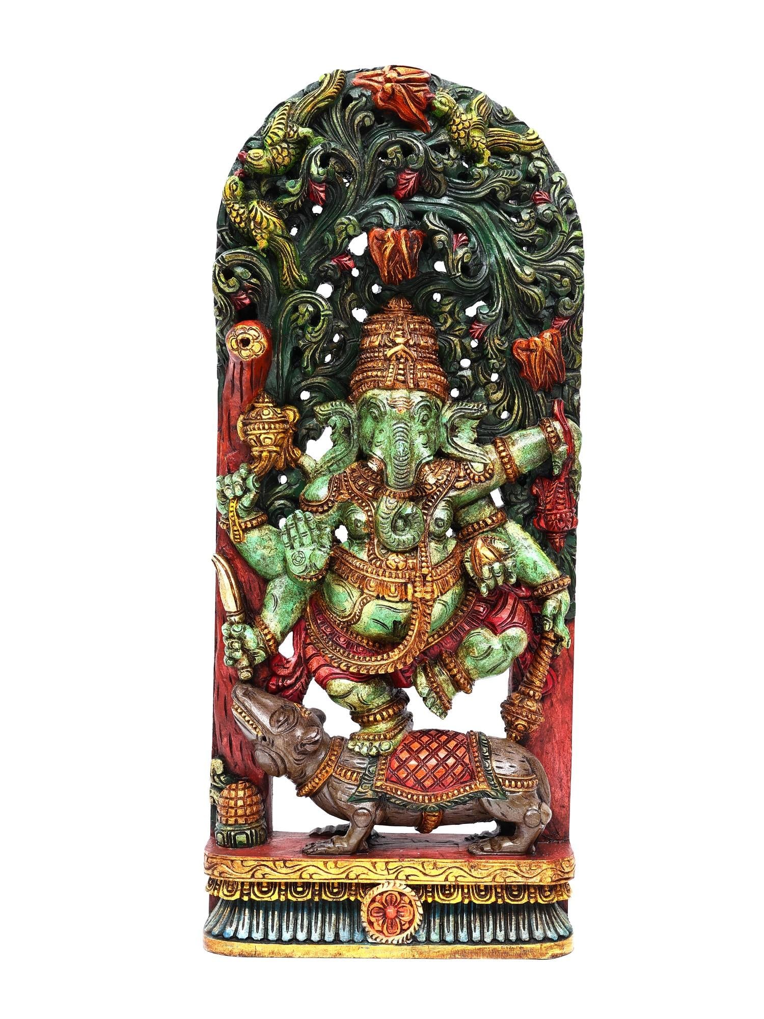 36" Large Six Armed Lord Ganesha Dancing on Mushak | Wood Carved Statue Plus Wall Hanging: Title: 36" Large Six Armed Lord Ganesha Dancing on Mushak | Wood Carved Statue Plus Wall Hanging Additional Information: itemcode: DDO650 Reserve: $823.00 Shipping: Domestic: Shipping rates are determ