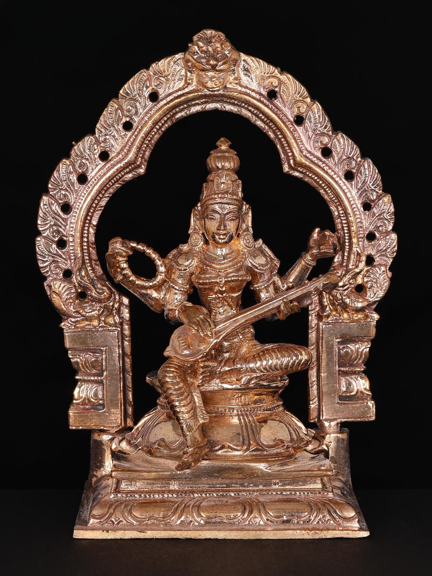 5" Small Goddess Saraswati Seated on Kirtimukha Throne | Bronze Statue (1 of 2)