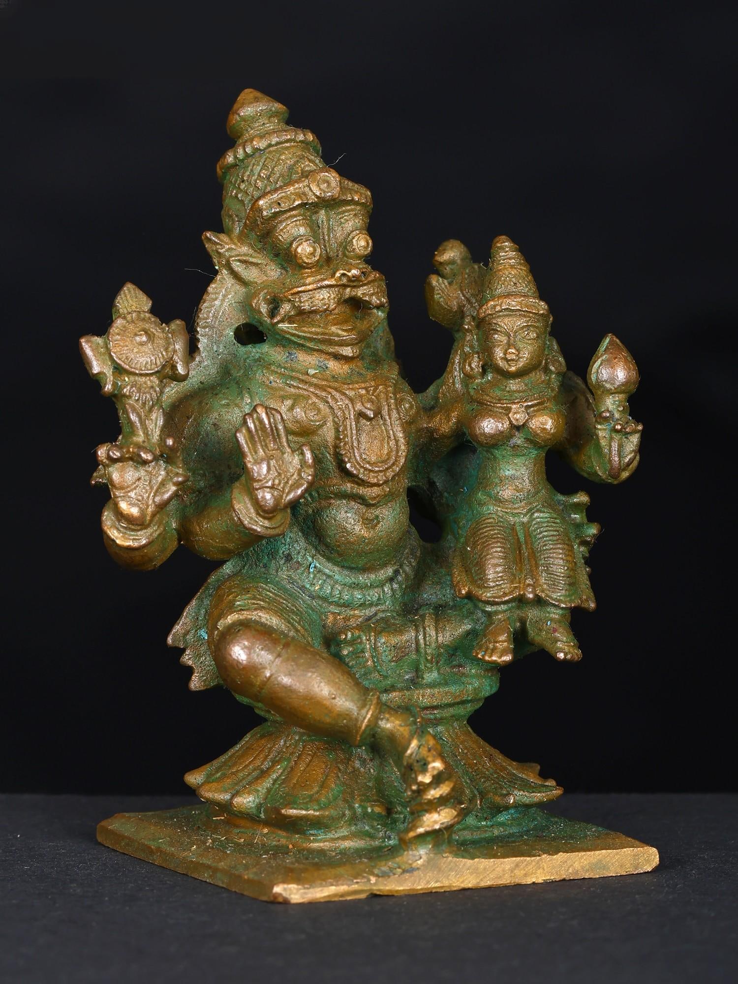 2" Small Sitting Lord Narasimha with Devi Lakshmi | Bronze Statue - 2