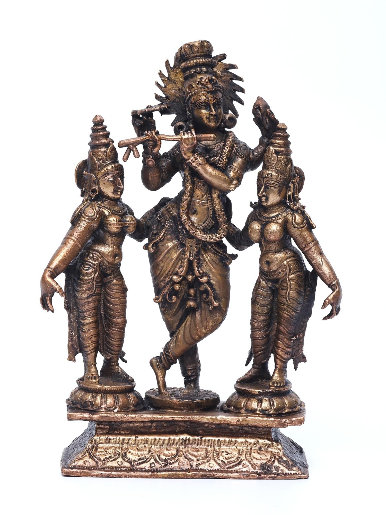 6" Small Standing Lord Krishna with Rukmini and Satyabhama | Copper Statue (1 of 2)