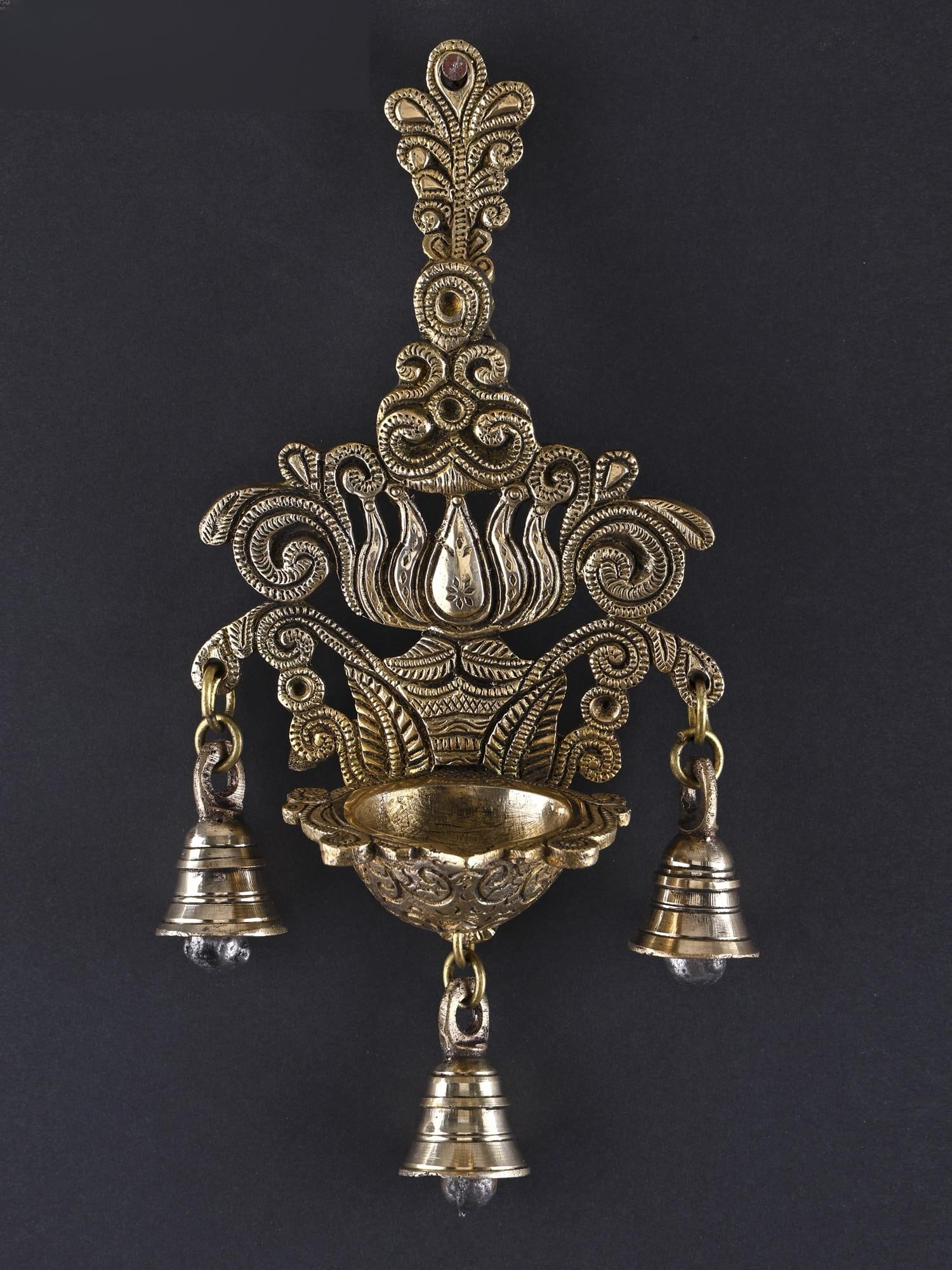 10" Brass Lotus Design Wall Hanging Lamp with Bells (1 of 2)