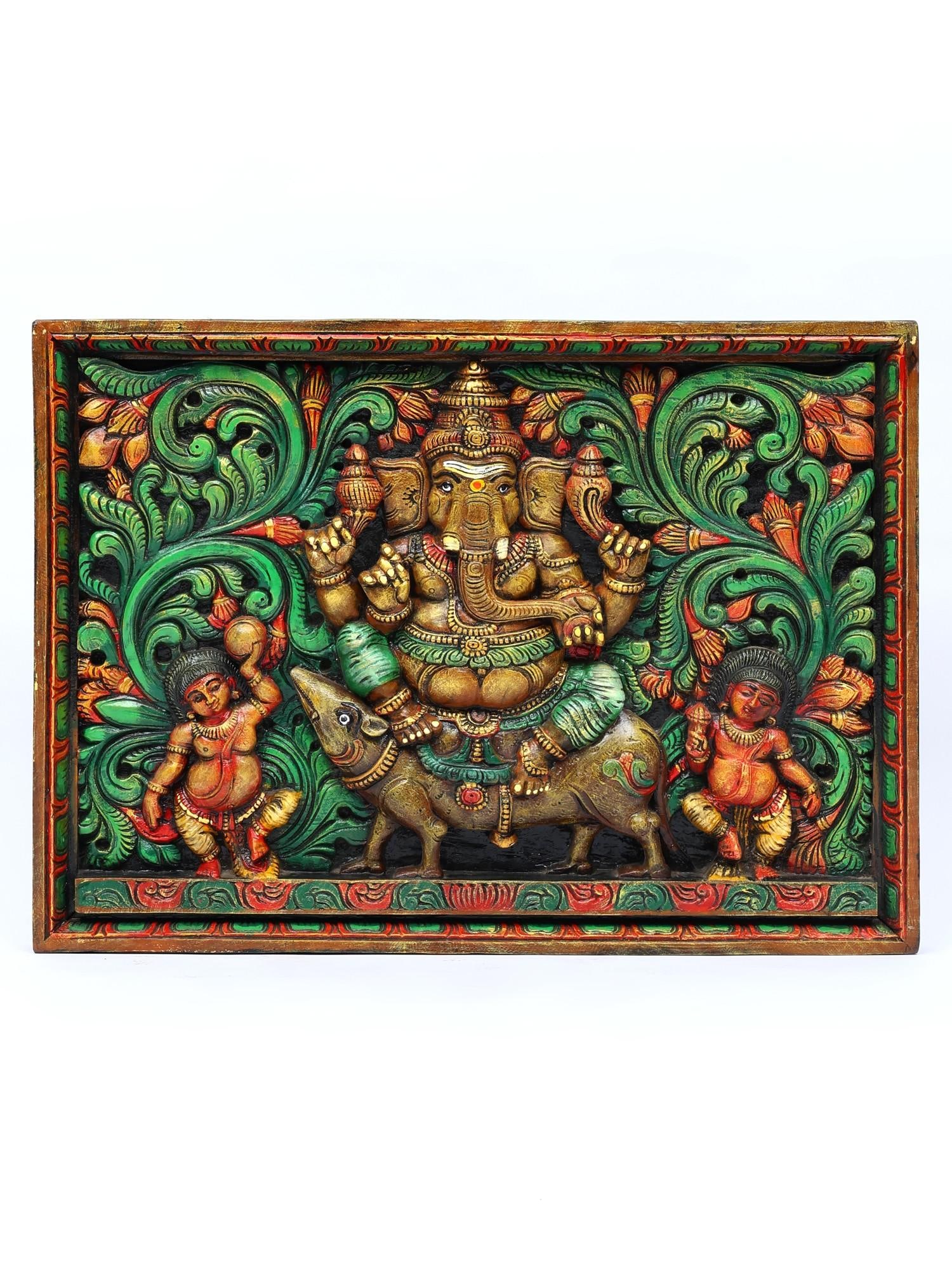 33" Lord Ganesha Seated on Mushak | Wood Carved Colorful Panel | Wall Hanging: Title: 33" Lord Ganesha Seated on Mushak | Wood Carved Colorful Panel | Wall Hanging Additional Information: itemcode: DDO101 Reserve: $1,030.00 Shipping: Domestic: Shipping rates are determined by