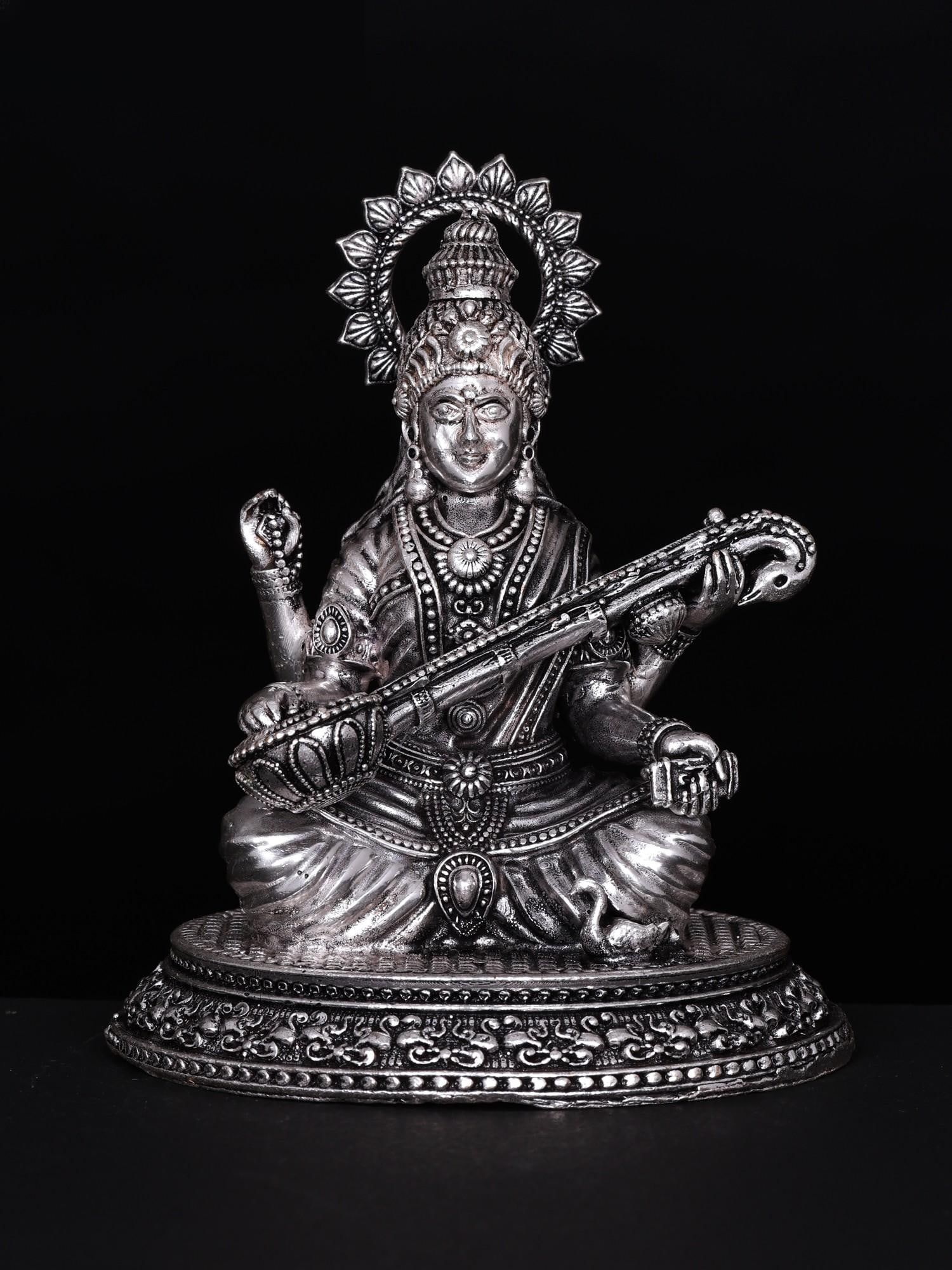 4" Small Superfine Devi Saraswati | Silver Plated Brass Statue: Title: 4" Small Superfine Devi Saraswati | Silver Plated Brass Statue Additional Information: itemcode: DDO145 Reserve: $103.00 Shipping: Domestic: Shipping rates are determined by destination