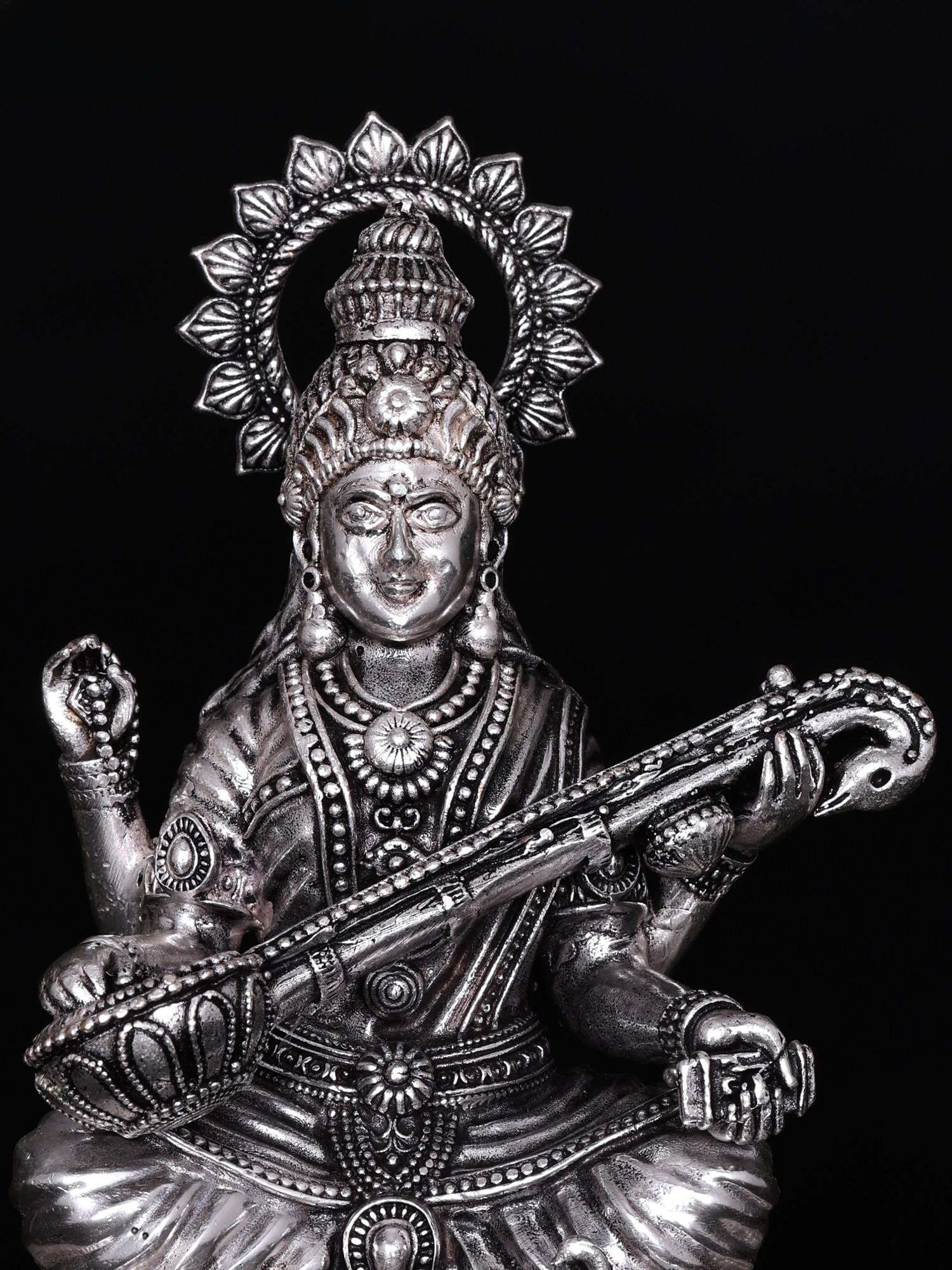4" Small Superfine Devi Saraswati | Silver Plated Brass Statue - 2