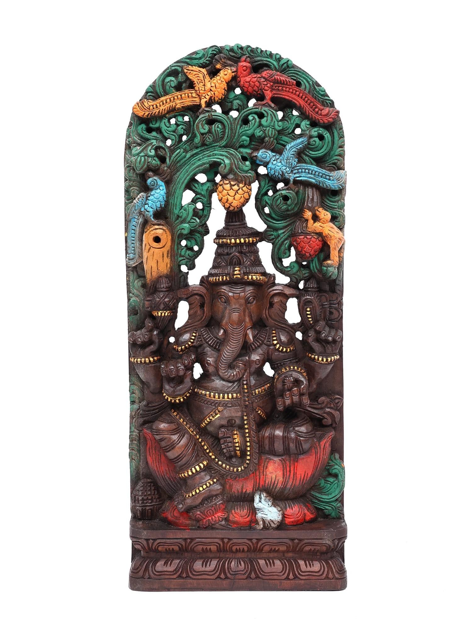 36" Large Four Armed Lord Ganesha Seated on Lotus | Wood Carved Statue Plus Wall Hanging: Title: 36" Large Four Armed Lord Ganesha Seated on Lotus | Wood Carved Statue Plus Wall Hanging Additional Information: itemcode: DDO649 Reserve: $616.00 Shipping: Domestic: Shipping rates are