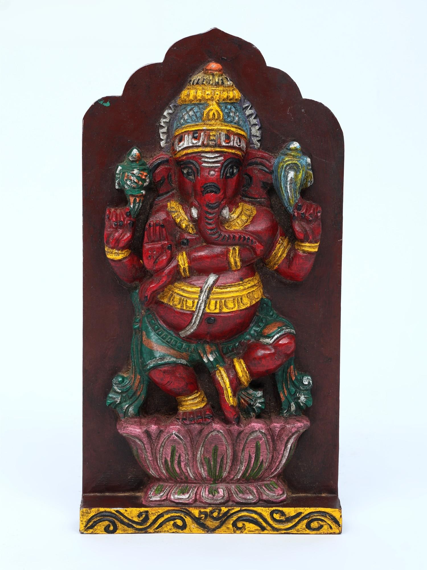 15" Lord Ganesha Dancing on Lotus | Temple Shaped Wall Hanging Wood Panel: Title: 15" Lord Ganesha Dancing on Lotus | Temple Shaped Wall Hanging Wood Panel Additional Information: itemcode: DDO600-Red and Green Reserve: $160.00 Shipping: Domestic: Shipping rates are