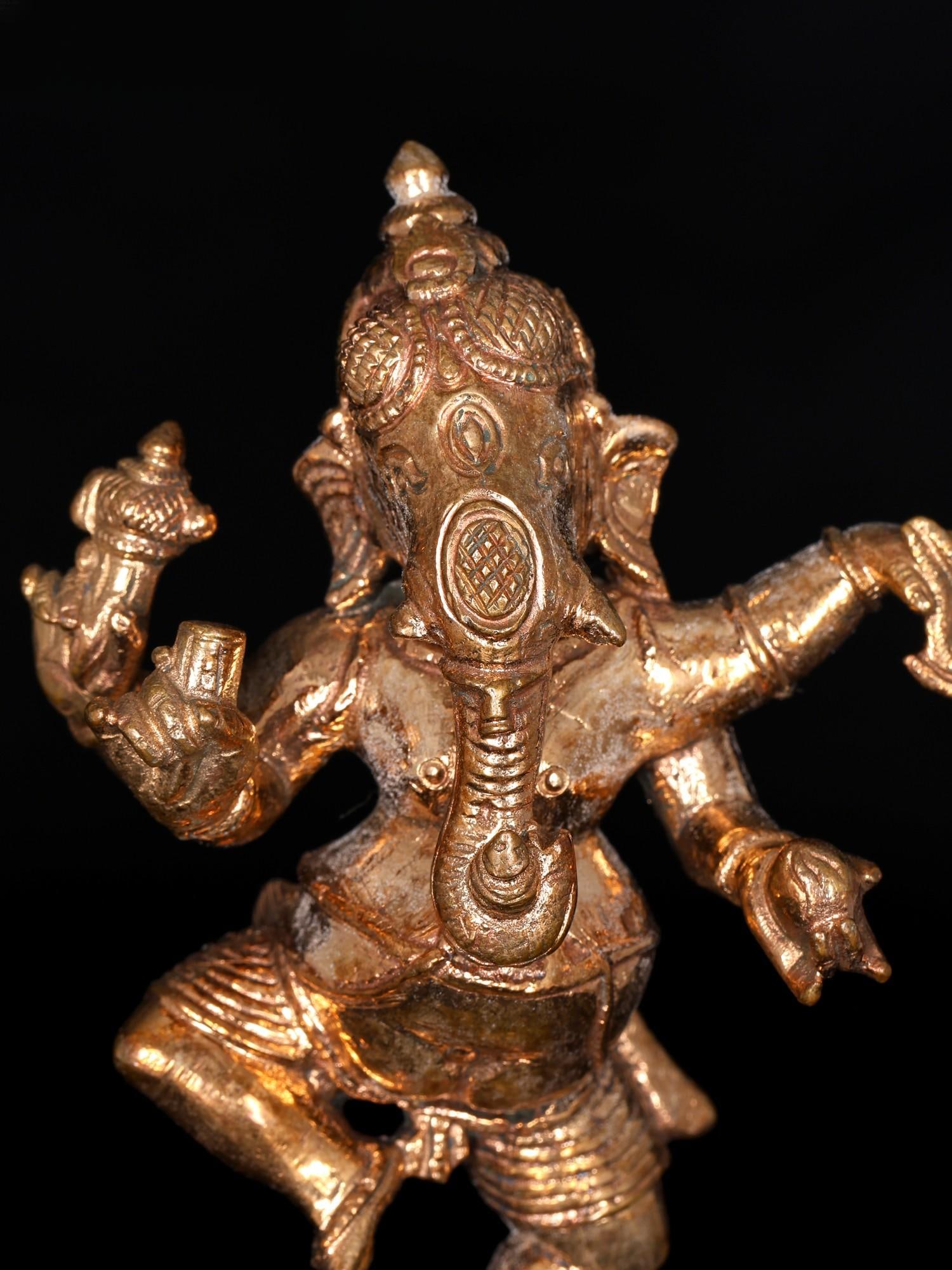 4" Small Four Armed Dancing Lord Ganesha | Bronze Statue - 2