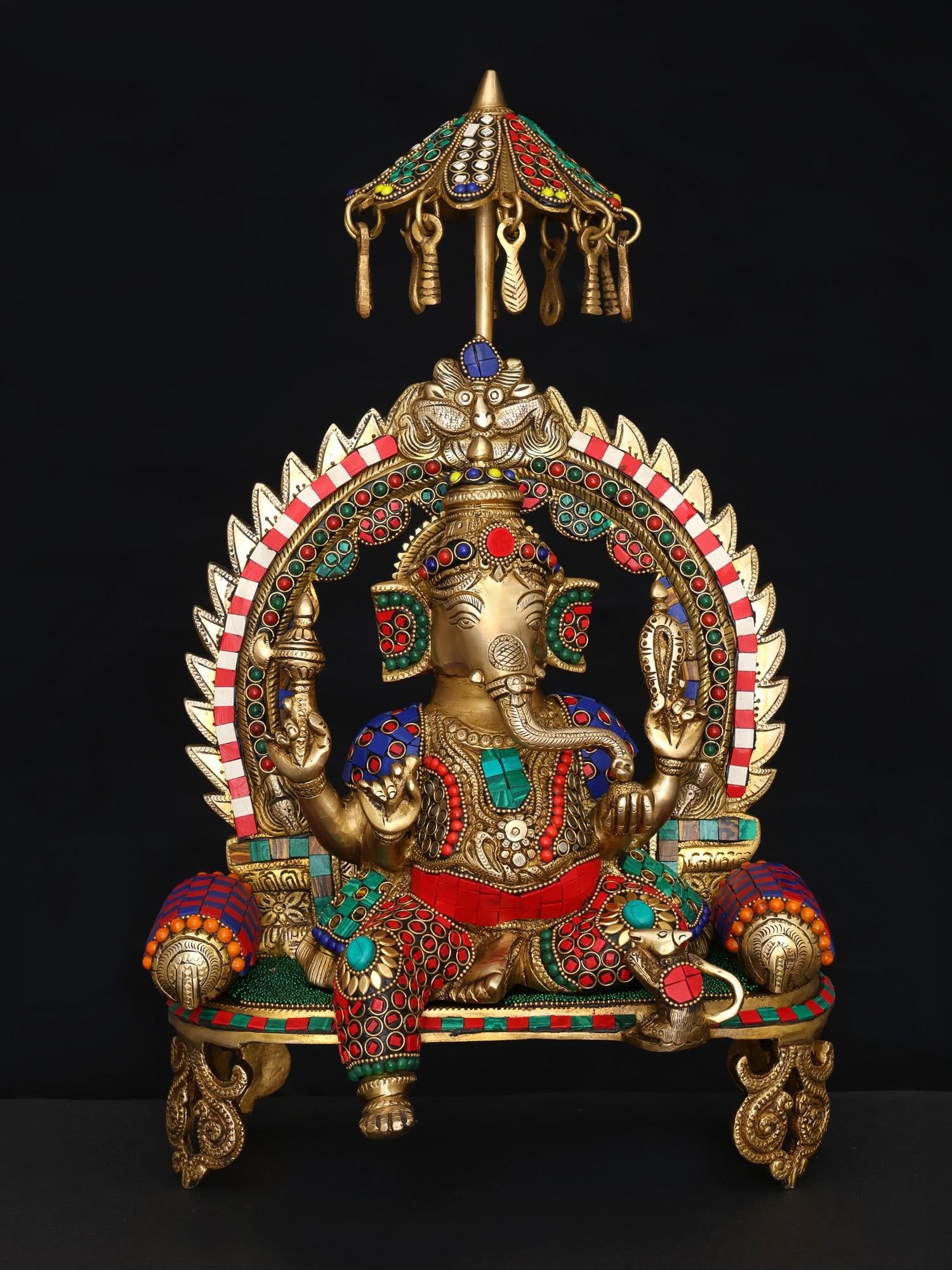 17" Bhagawan Ganapati Idol Seated on Kirtimukha Throne | Brass Statue with Inlay Work: Title: 17" Bhagawan Ganapati Idol Seated on Kirtimukha Throne | Brass Statue with Inlay Work Additional Information: itemcode: DDO201 Reserve: $517.00 Shipping: Domestic: Shipping rates are