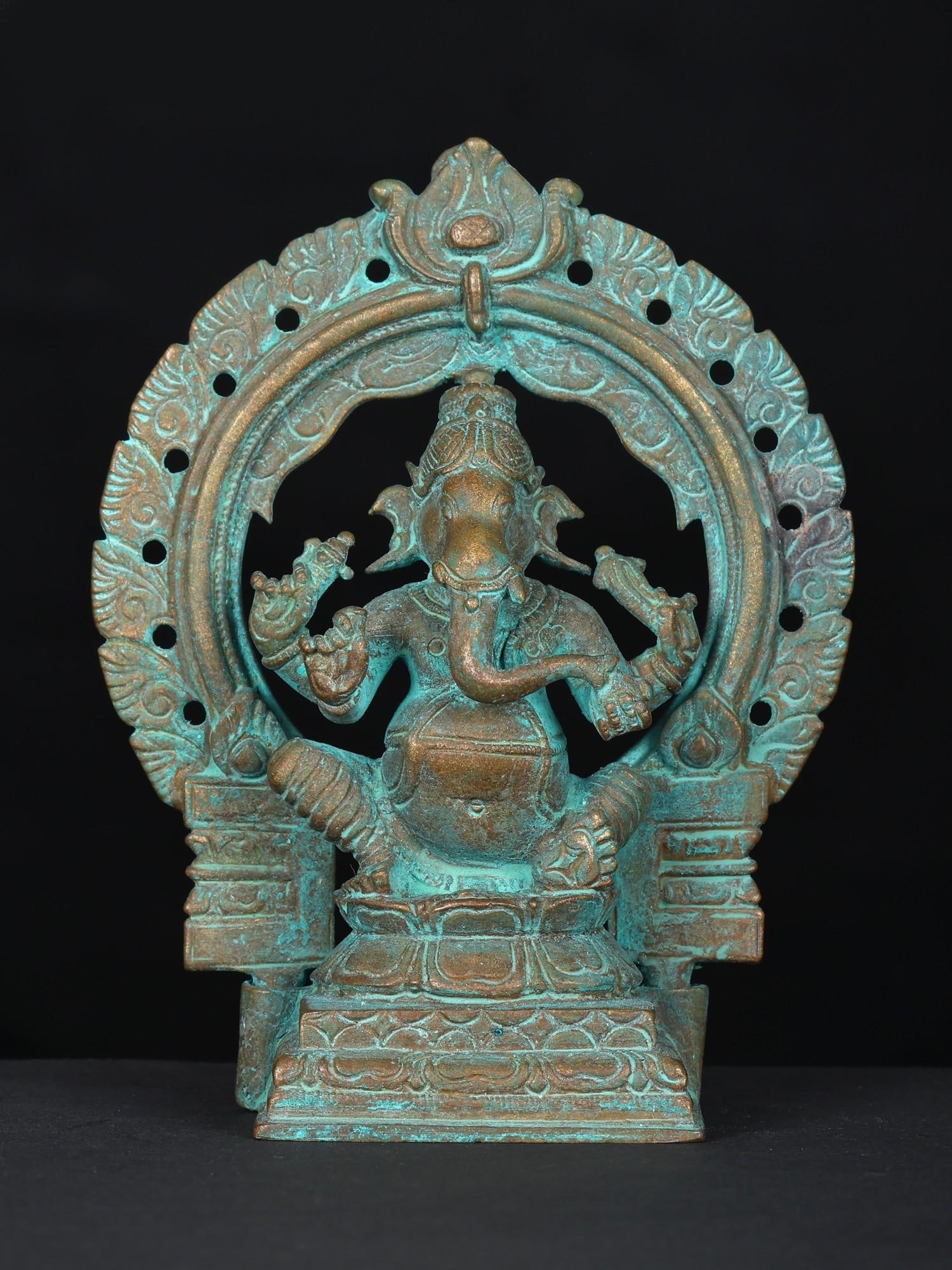 4" Small Four Armed Lord Ganesha Seated on Kirtimukha Throne | Bronze Statue (1 of 2)