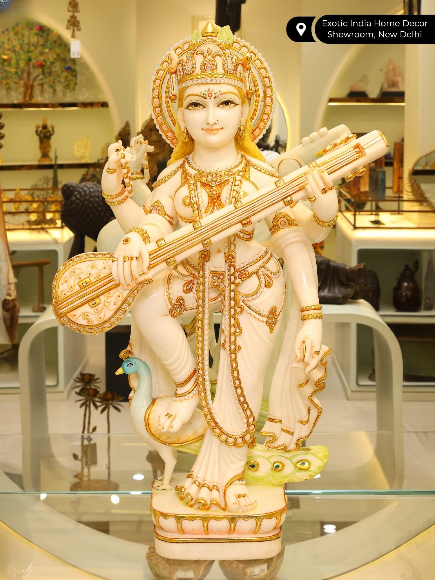 36" Large Standing Goddess Saraswati Playing Veena | White Marble Statue - 2