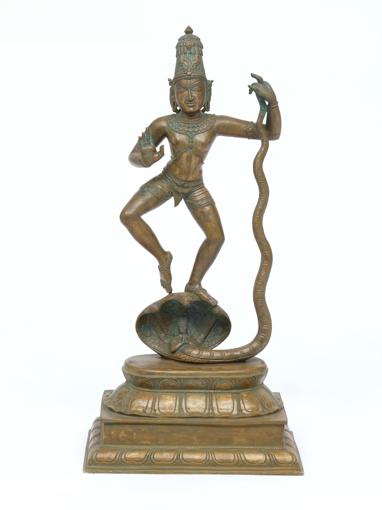 24" Lord Krishna Dancing on Kaliya Naag | Bronze Statue: Title: 24" Lord Krishna Dancing on Kaliya Naag | Bronze Statue Description: This bronze sculpture presents Krishna subduing Kaliya with remarkable clarity of movement and emotion. The composition is c