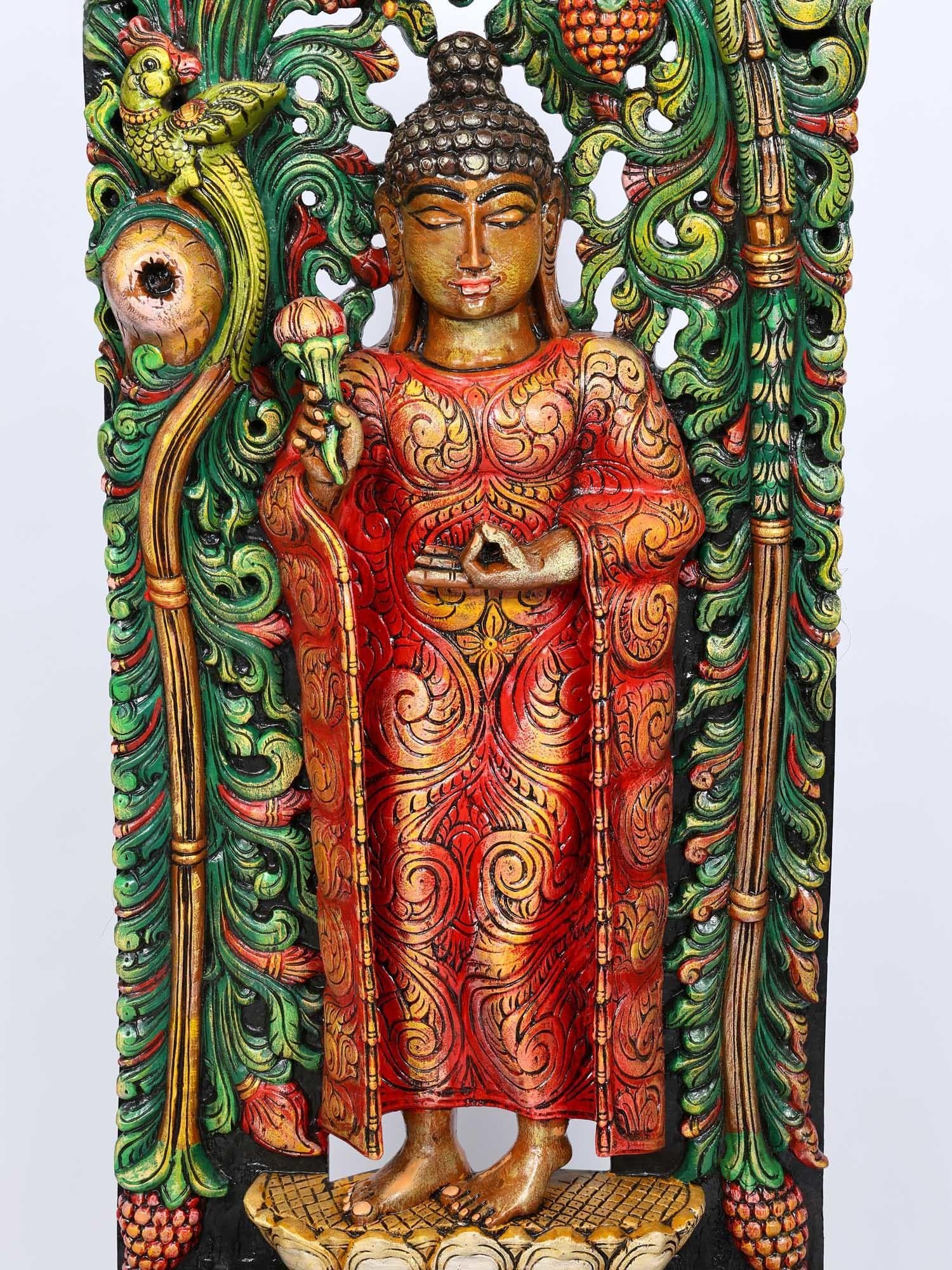 76" Large Lord Buddha Standing on Lotus | Wood Carved Statue - 2