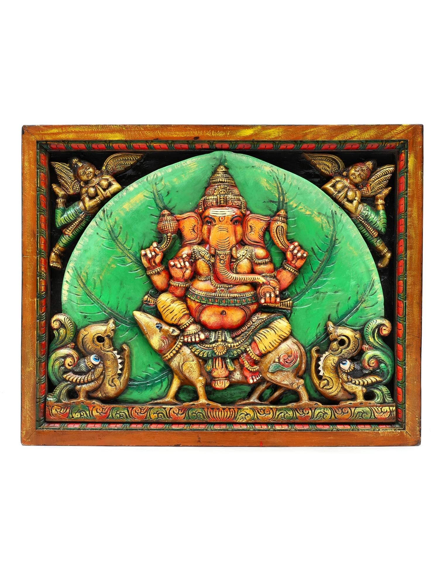 33" Large Lord Ganesha Seated on Mushak | Wood Carved Colorful Panel | Wall Hanging: Title: 33" Large Lord Ganesha Seated on Mushak | Wood Carved Colorful Panel | Wall Hanging Additional Information: itemcode: DDO120 Reserve: $926.00 Shipping: Domestic: Shipping rates are determined b