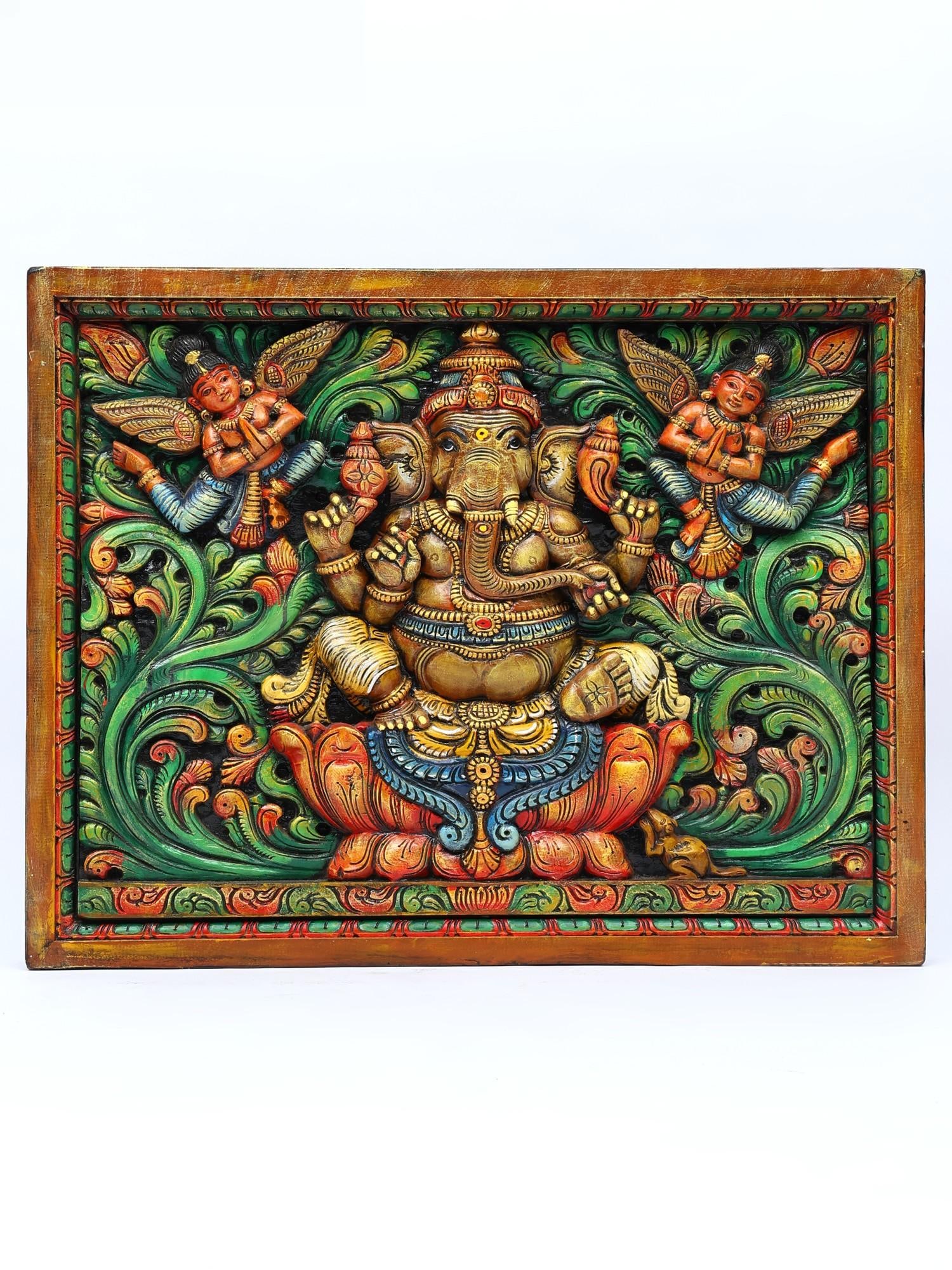 33" Chaturbhuja Ganesha | Wood Carved Wall Hanging Panel (1 of 2)
