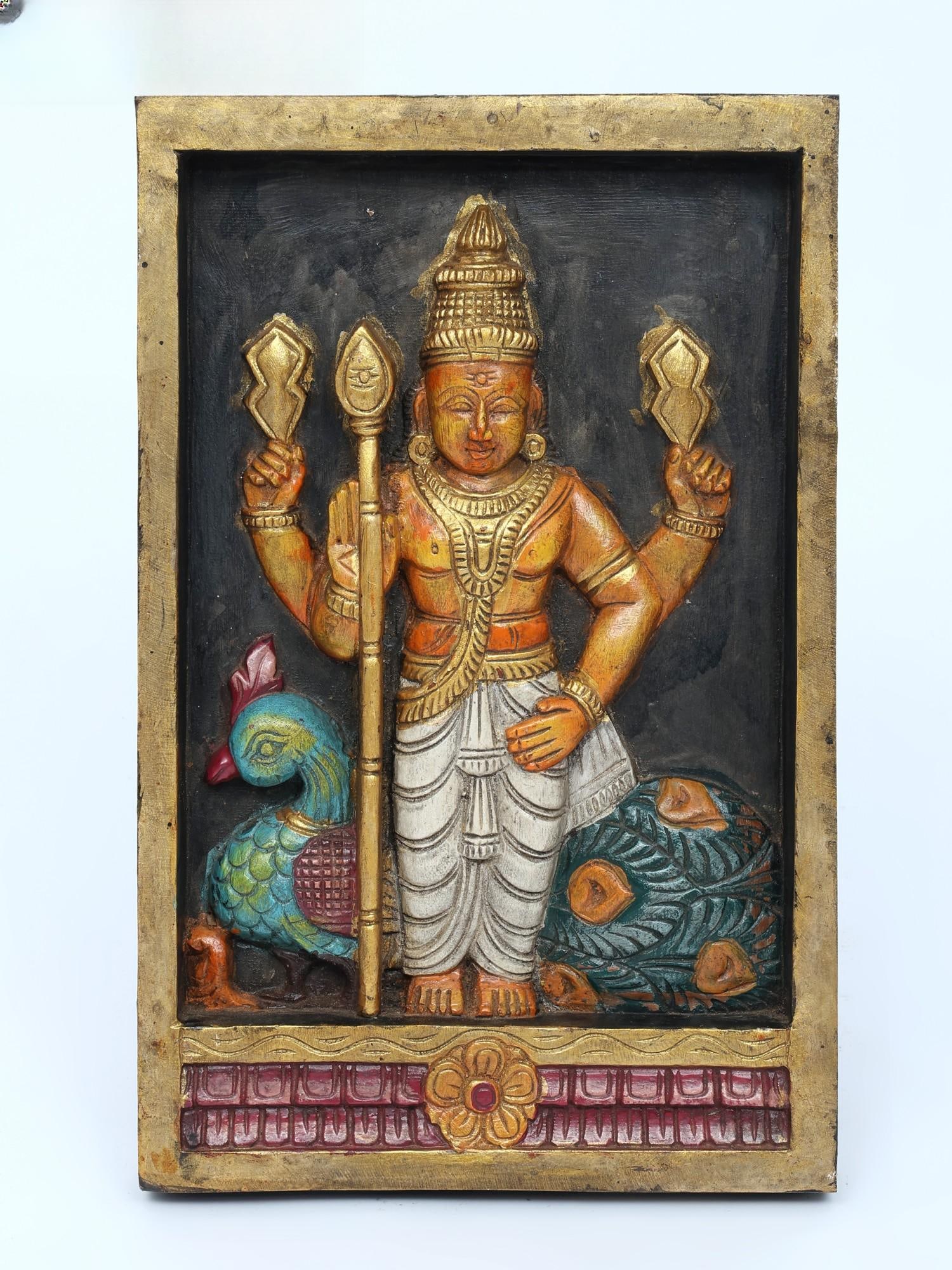 18" Rectangular Shaped Lord Karttikeya (Murugan) Wall Panel | Wood Carving: Title: 18" Rectangular Shaped Lord Karttikeya (Murugan) Wall Panel | Wood Carving Additional Information: itemcode: DDO610 Reserve: $264.00 Shipping: Domestic: Shipping rates are determined by