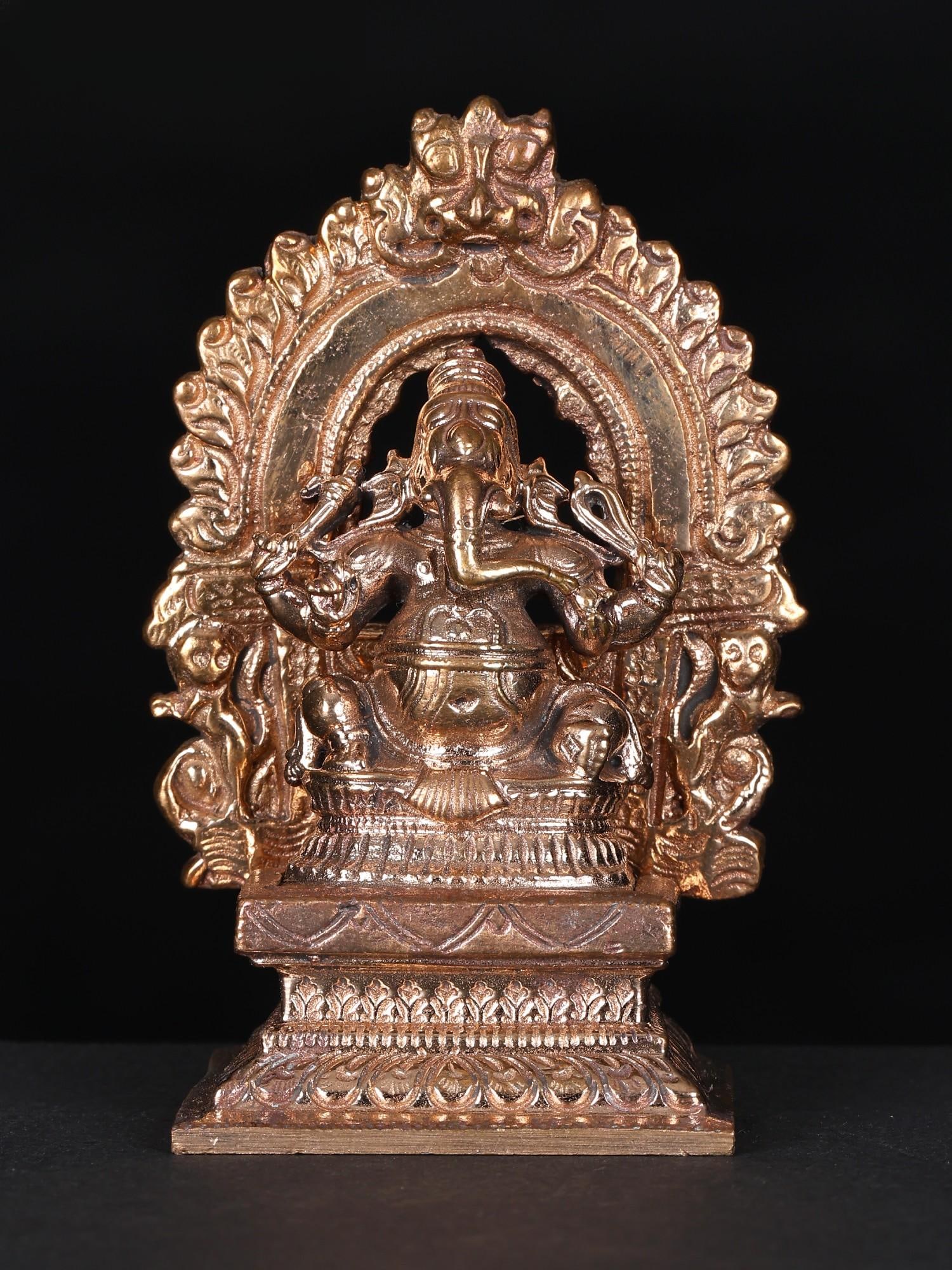 3" Small Chaturbhuja Lord Ganesha Seated on Kirtimukha Throne | Bronze Statue: Title: 3" Small Chaturbhuja Lord Ganesha Seated on Kirtimukha Throne | Bronze Statue Additional Information: itemcode: DDN836 Reserve: $68.00 Shipping: Domestic: Shipping rates are determined by
