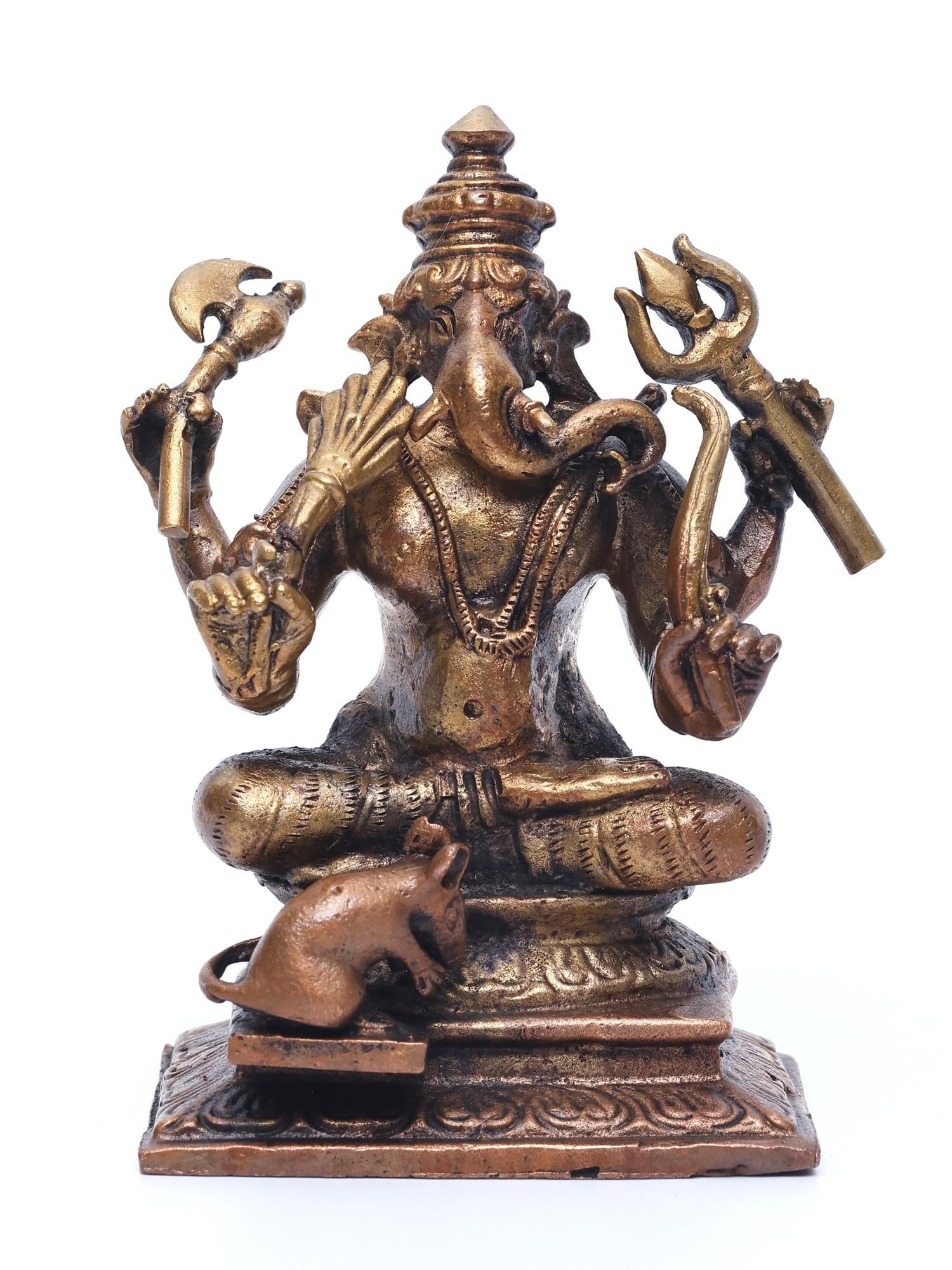 4" Small Sitting Lord Ganapati with Mushak | Copper Statue (1 of 2)