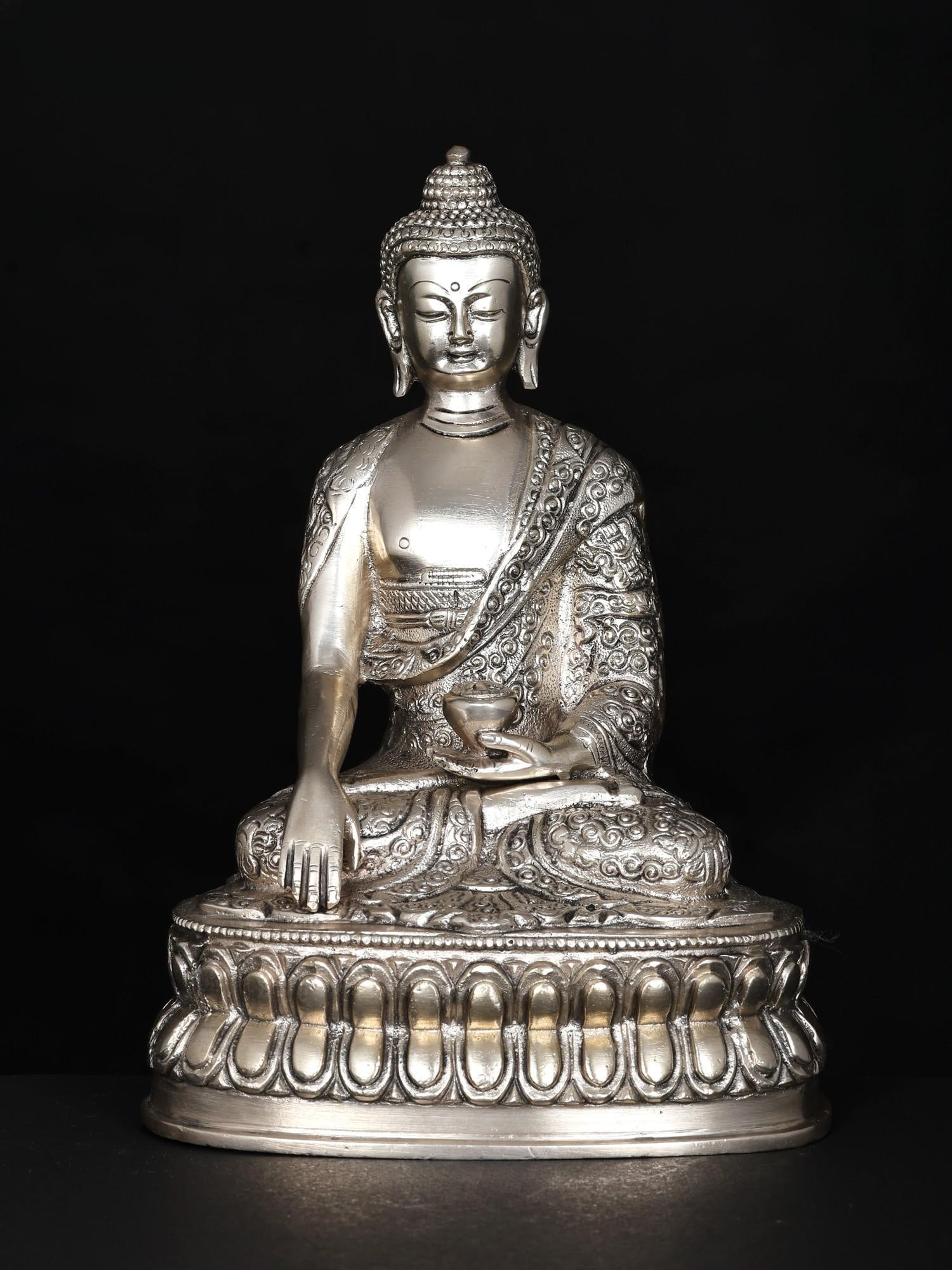 8" Lord Buddha Seated in Earth-Touching Gesture | Silver Plated Brass Statue: Title: 8" Lord Buddha Seated in Earth-Touching Gesture | Silver Plated Brass Statue Additional Information: itemcode: DDO156 Reserve: $135.00 Shipping: Domestic: Shipping rates are determined by