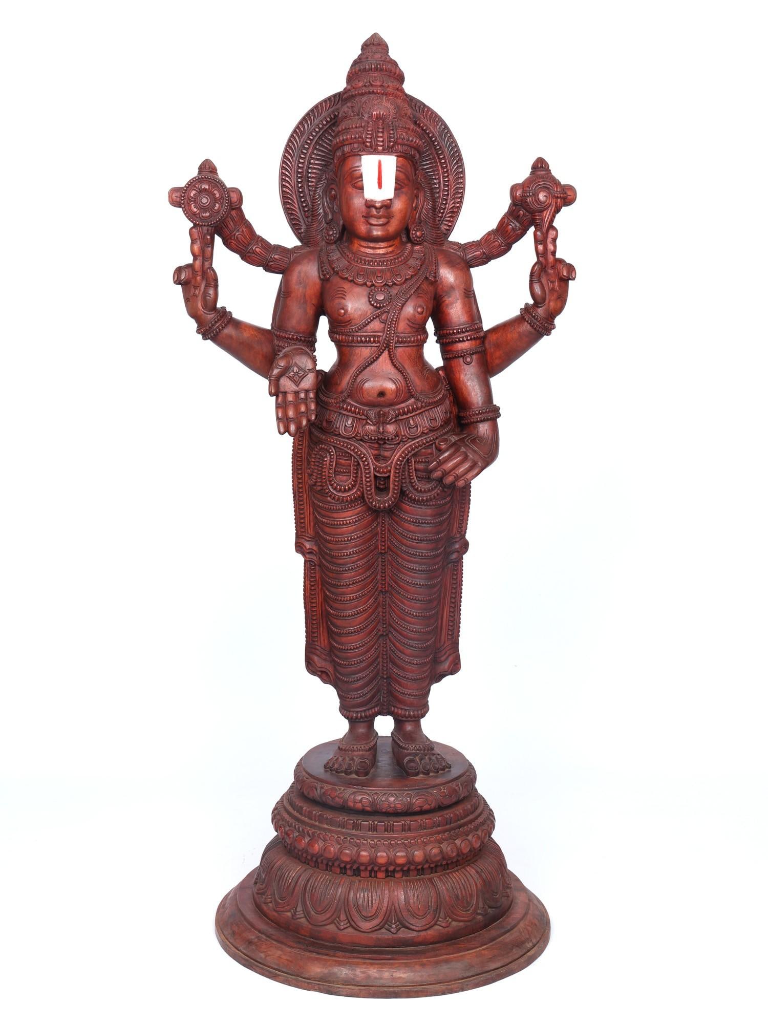 72" Large Tirupati Balaji (Venkateshvara) Standing on Round Pedestal | Wood Carving: Title: 72" Large Tirupati Balaji (Venkateshvara) Standing on Round Pedestal | Wood Carving Additional Information: itemcode: DDO726 Reserve: $3,928.00 Shipping: Domestic: Shipping rates are determined