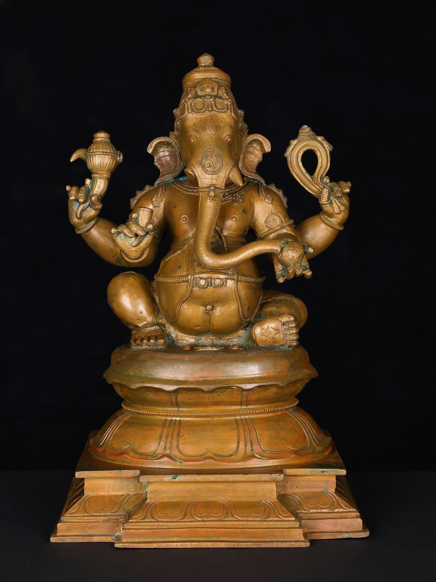 14" Chaturbhuja Lord Ganesha Seated on Lotus Pedestal | Bronze Statue: Title: 14" Chaturbhuja Lord Ganesha Seated on Lotus Pedestal | Bronze Statue Additional Information: itemcode: DDN933 Reserve: $1,237.00 Shipping: Domestic: Shipping rates are determined by destinatio