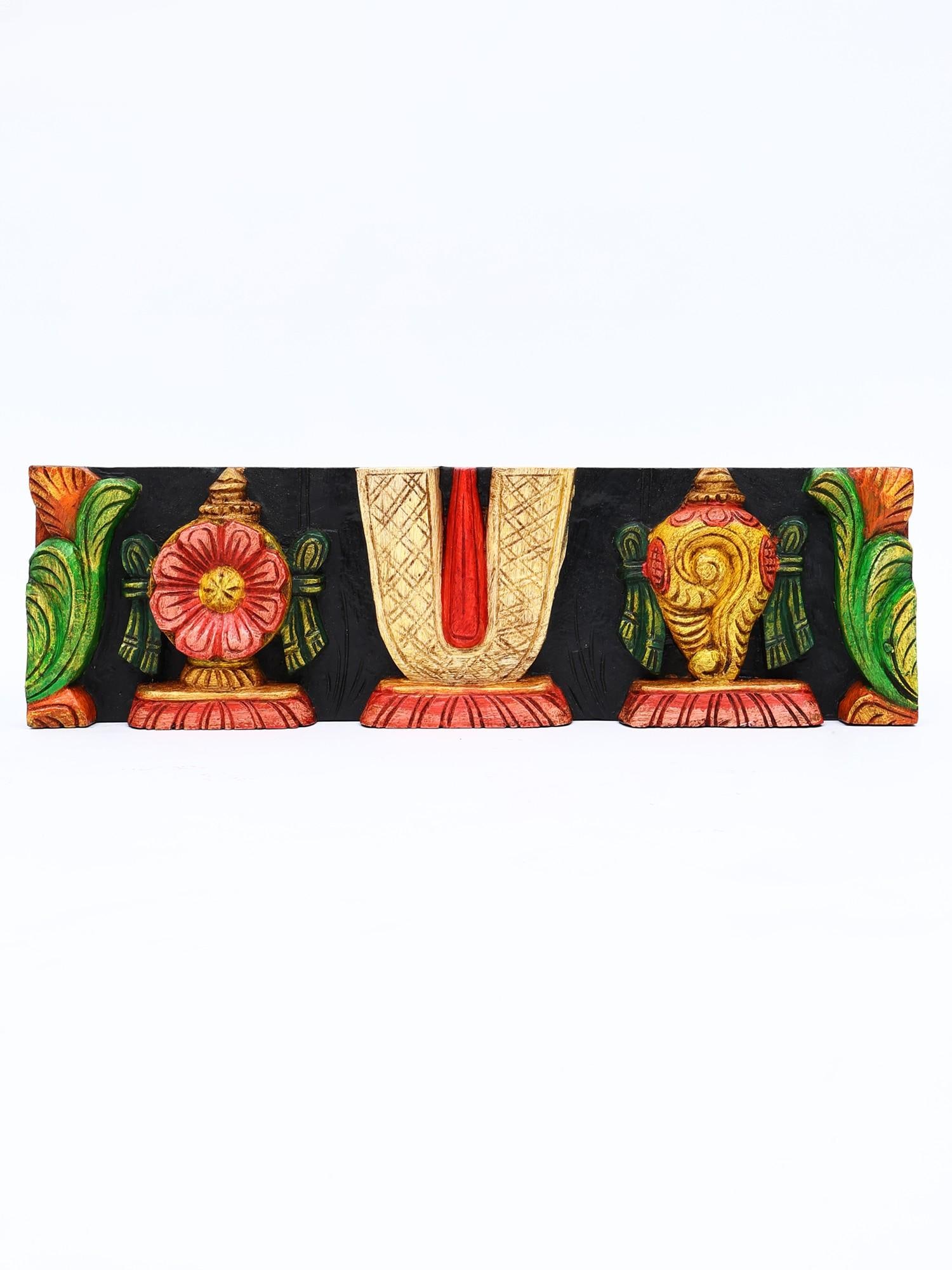 19" Vaishnava Symbols - Chakra, Tilak and Conch | Wood Carving | Wall Hanging: Title: 19" Vaishnava Symbols - Chakra, Tilak and Conch | Wood Carving | Wall Hanging Additional Information: itemcode: DDO173 Reserve: $140.00 Shipping: Domestic: Shipping rates are determined by